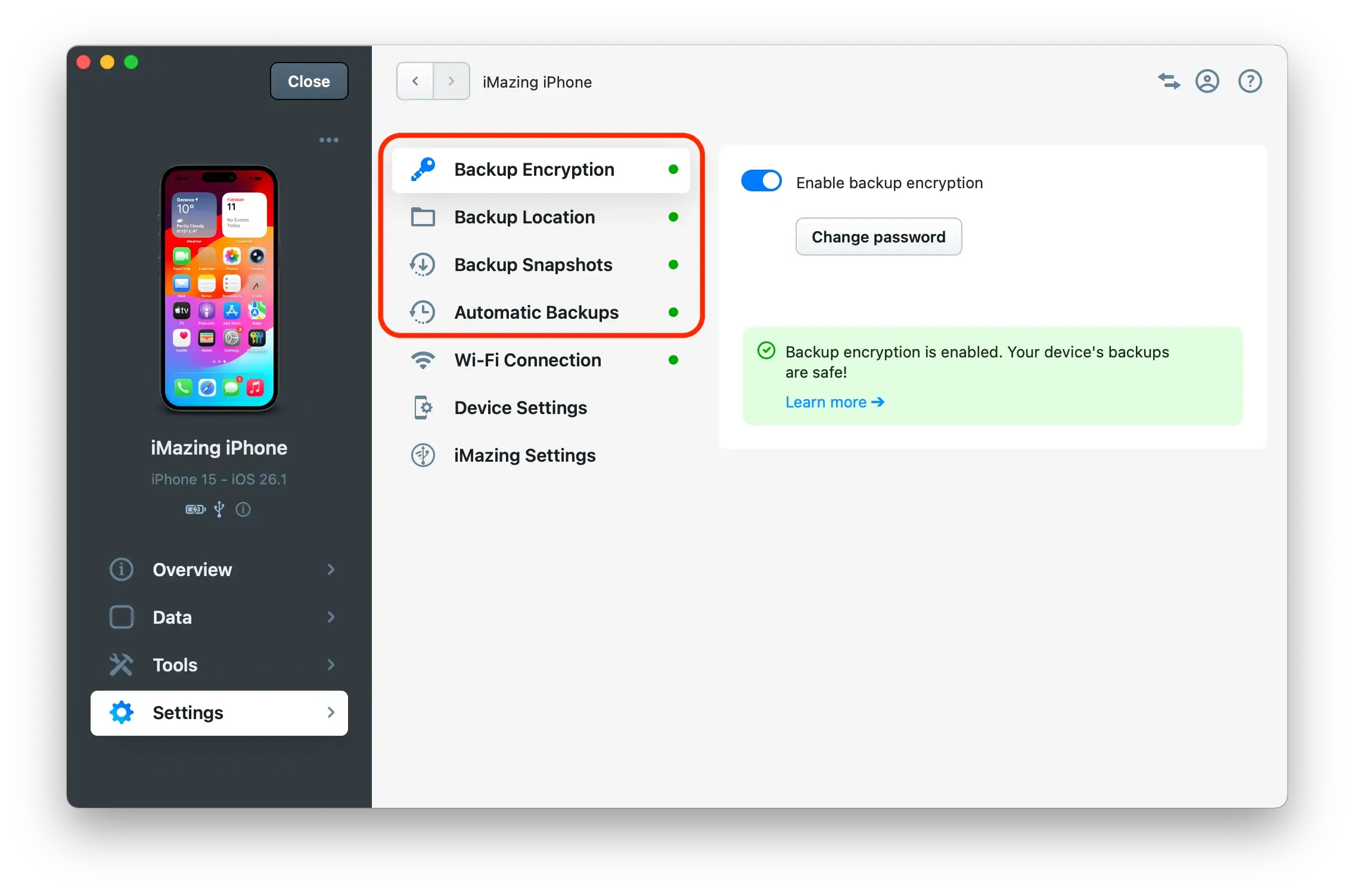 iMazing, Device Options Screen