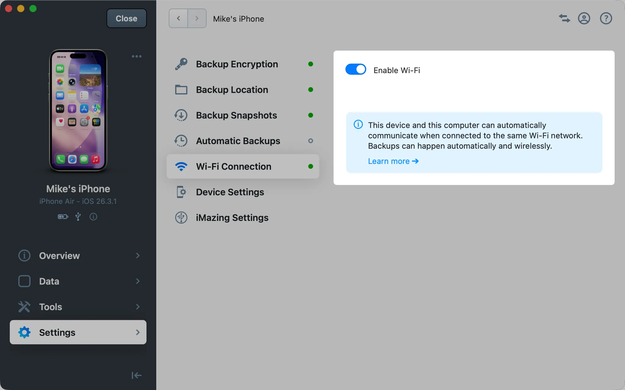 iMazing device Settings with wifi section highlighted