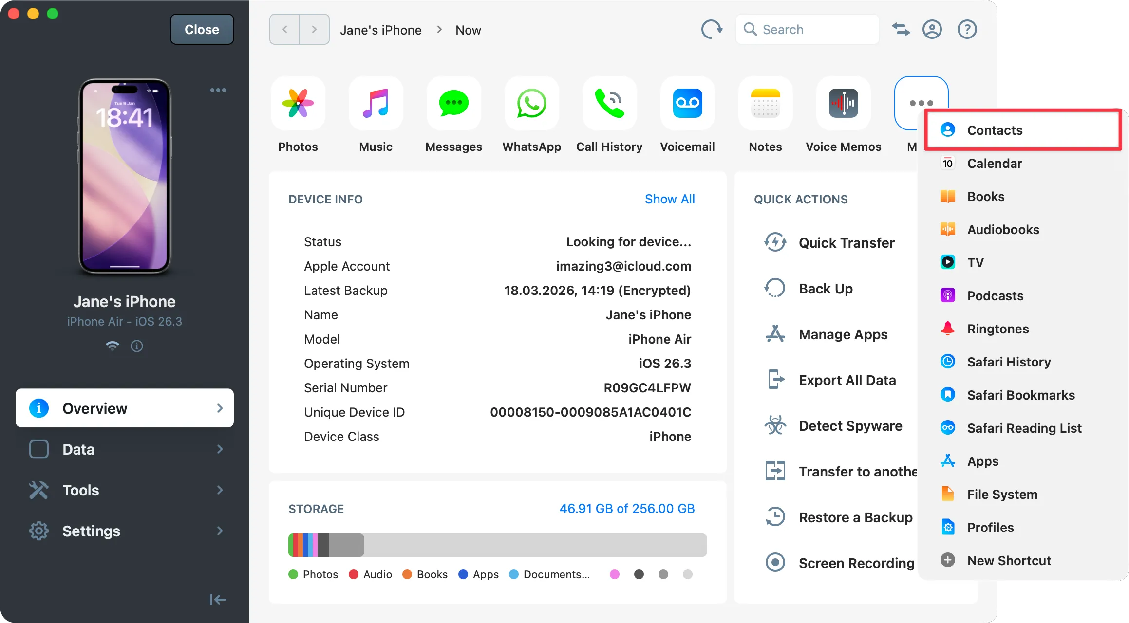 iMazing device overview with More menu open and contact selected