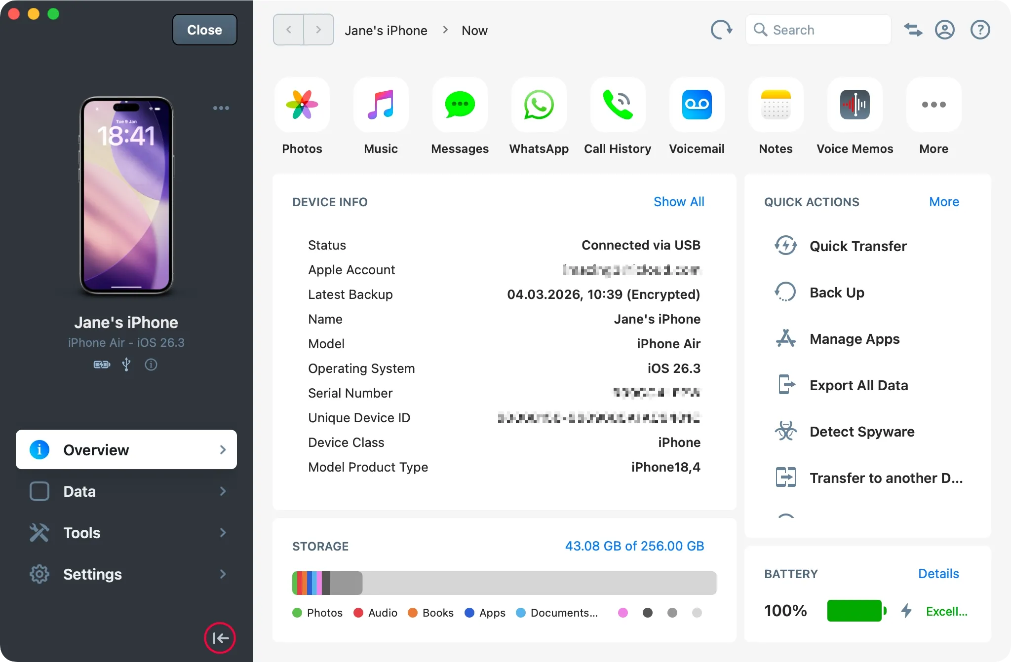 iMazing overview with collpase button highlighted