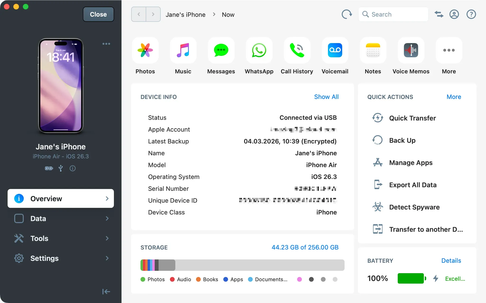 iMazing interface - Device Overview
