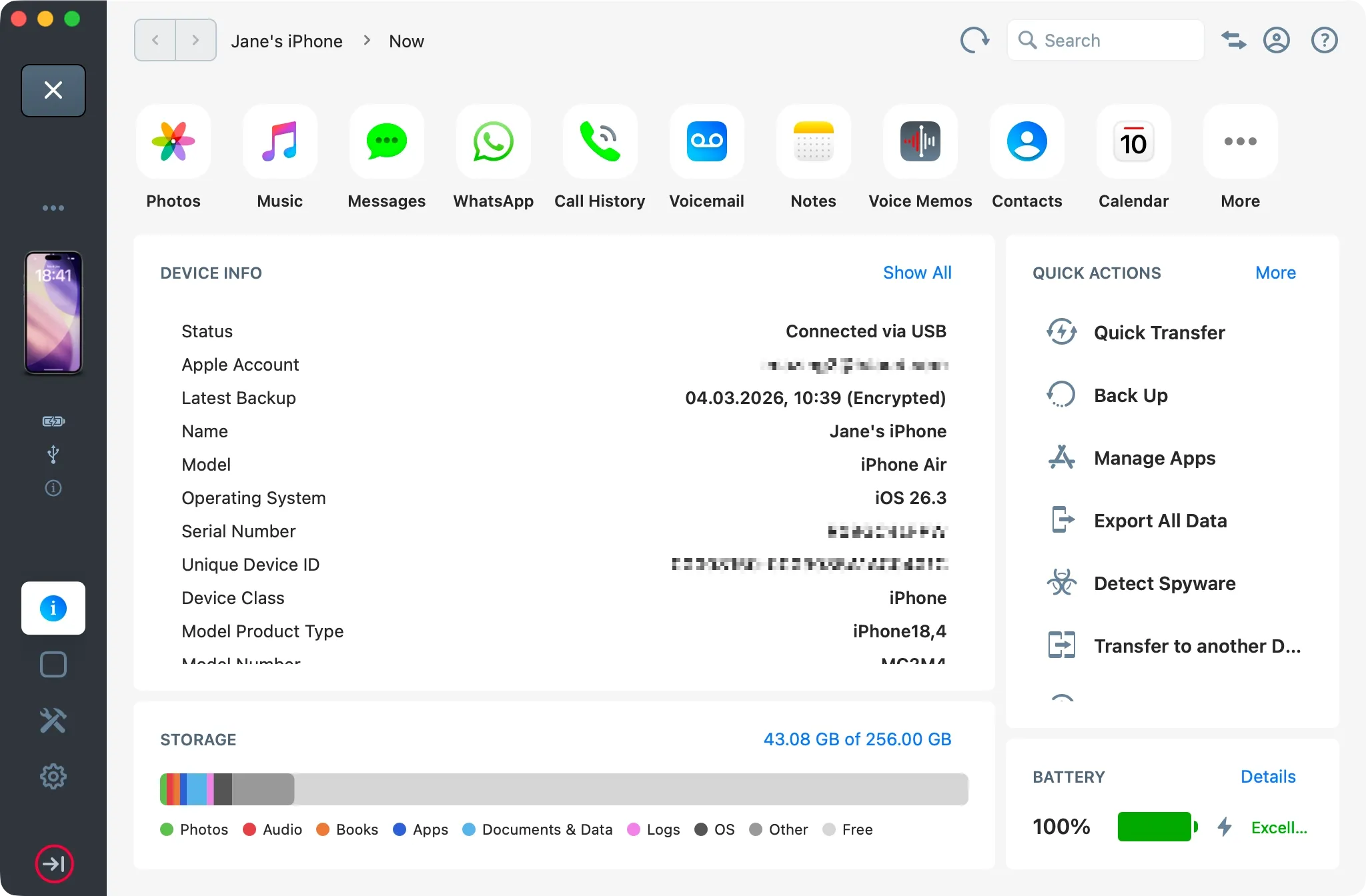 iMazing device overview with collapsed sidebar highlighted