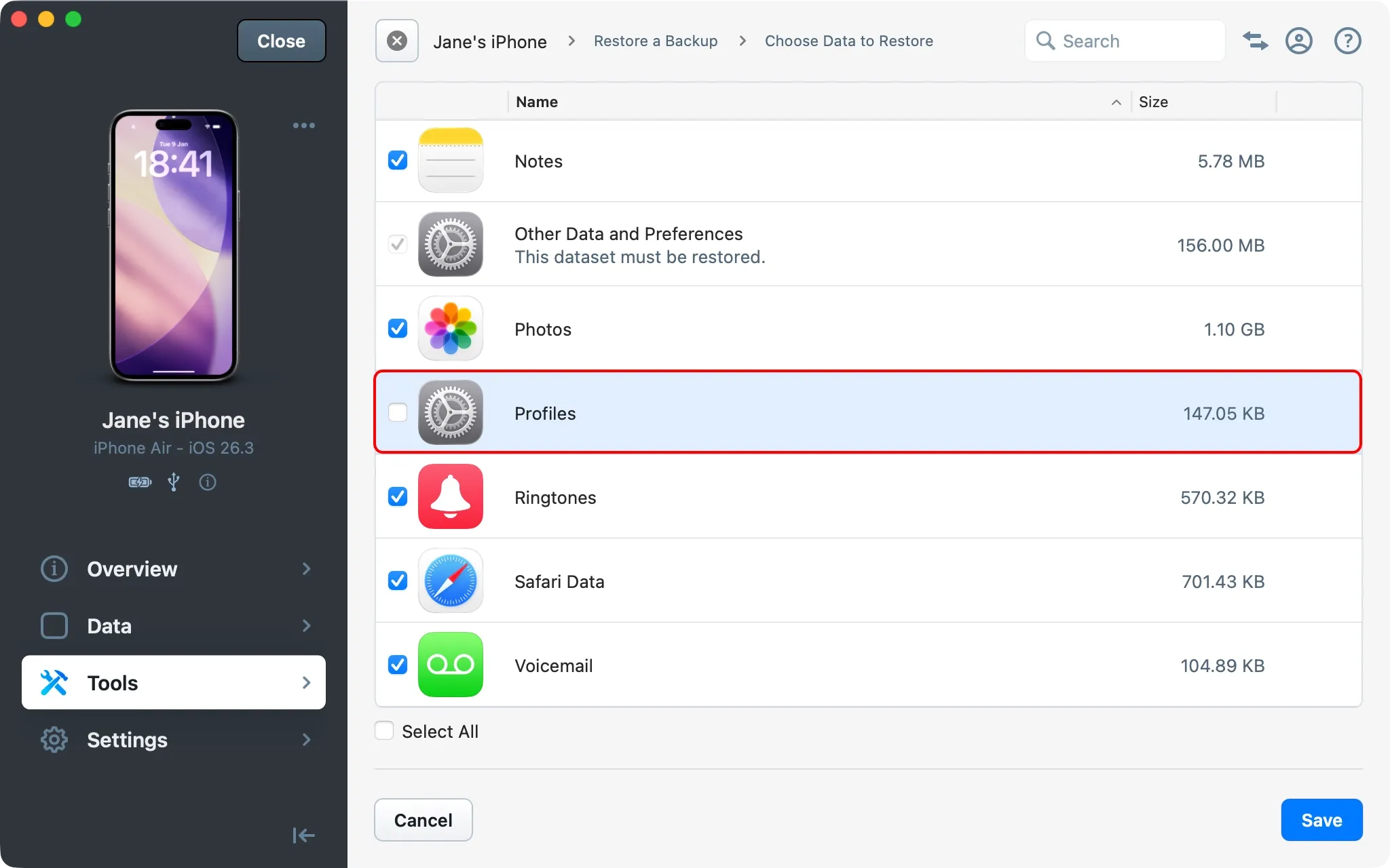 iMazing backup restore options - Profiles unchecked