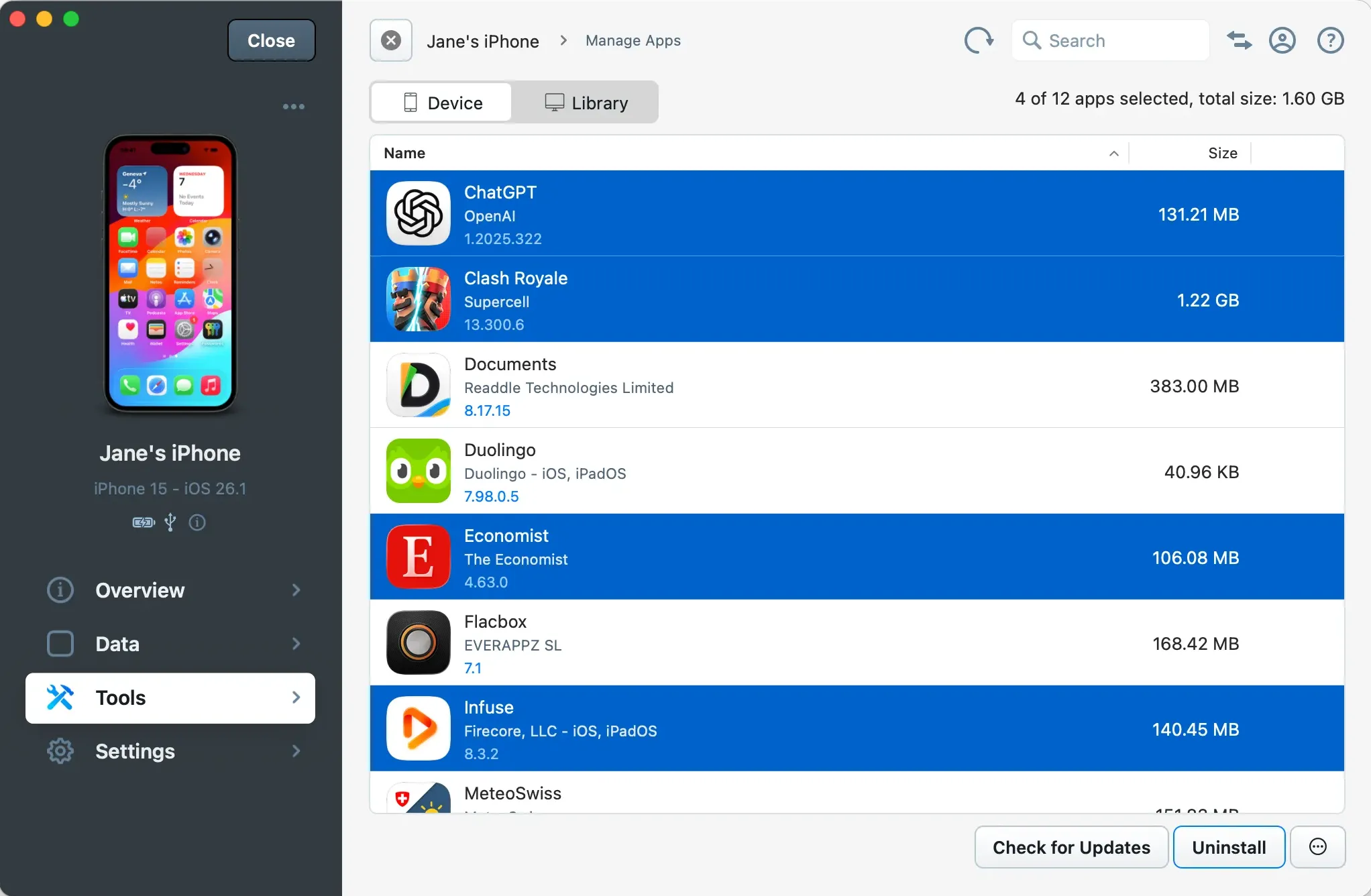 iMazing Manage Apps, Apps Selected