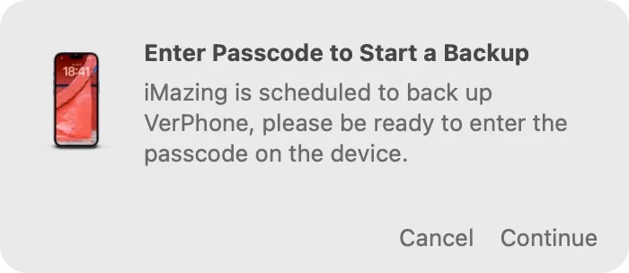 iMazing Mini prompt informing user that they will have to enter their passcode on the device