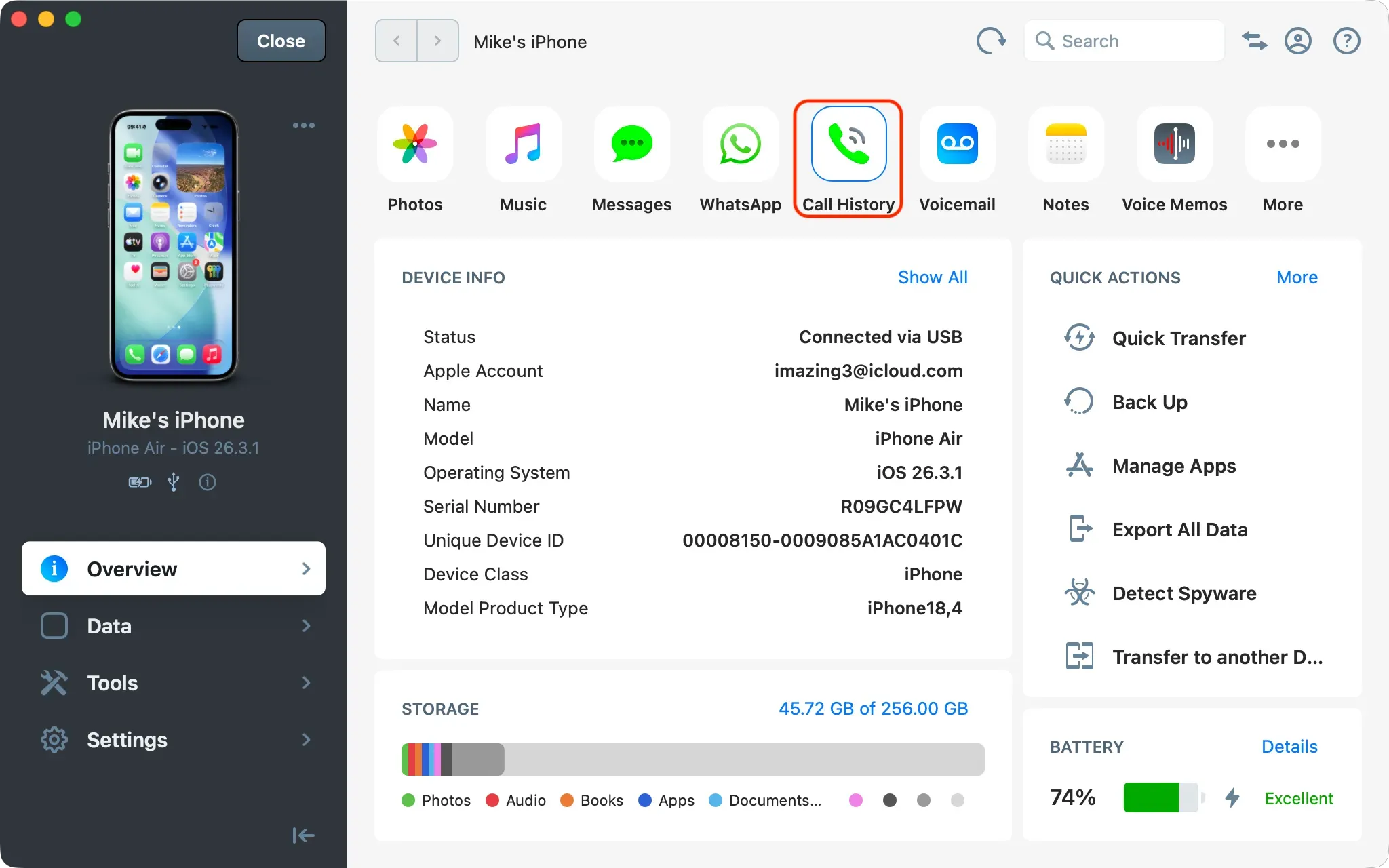 iMazing device Overview screen with Call History highlighted
