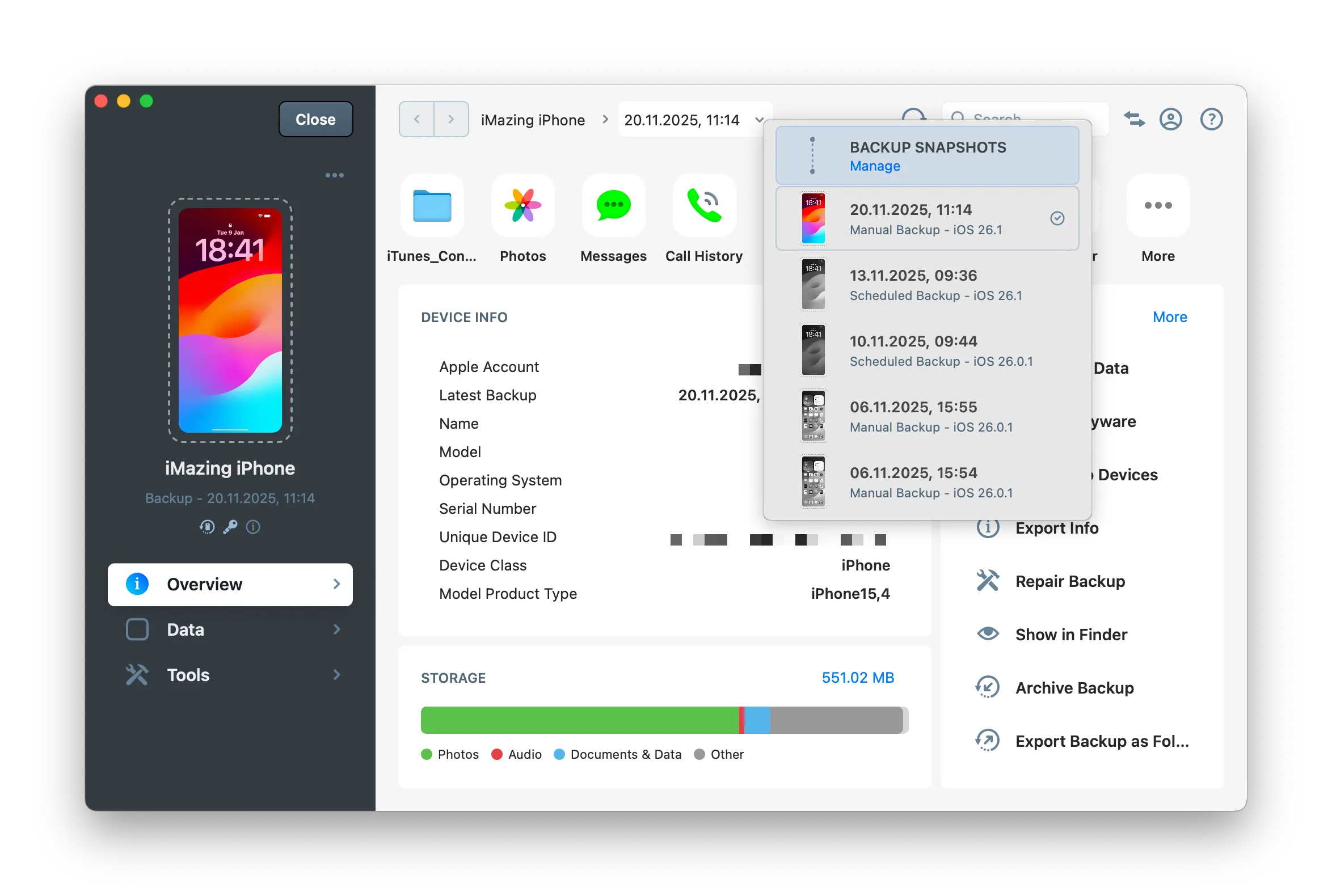 iMazing's backup list with backups selected