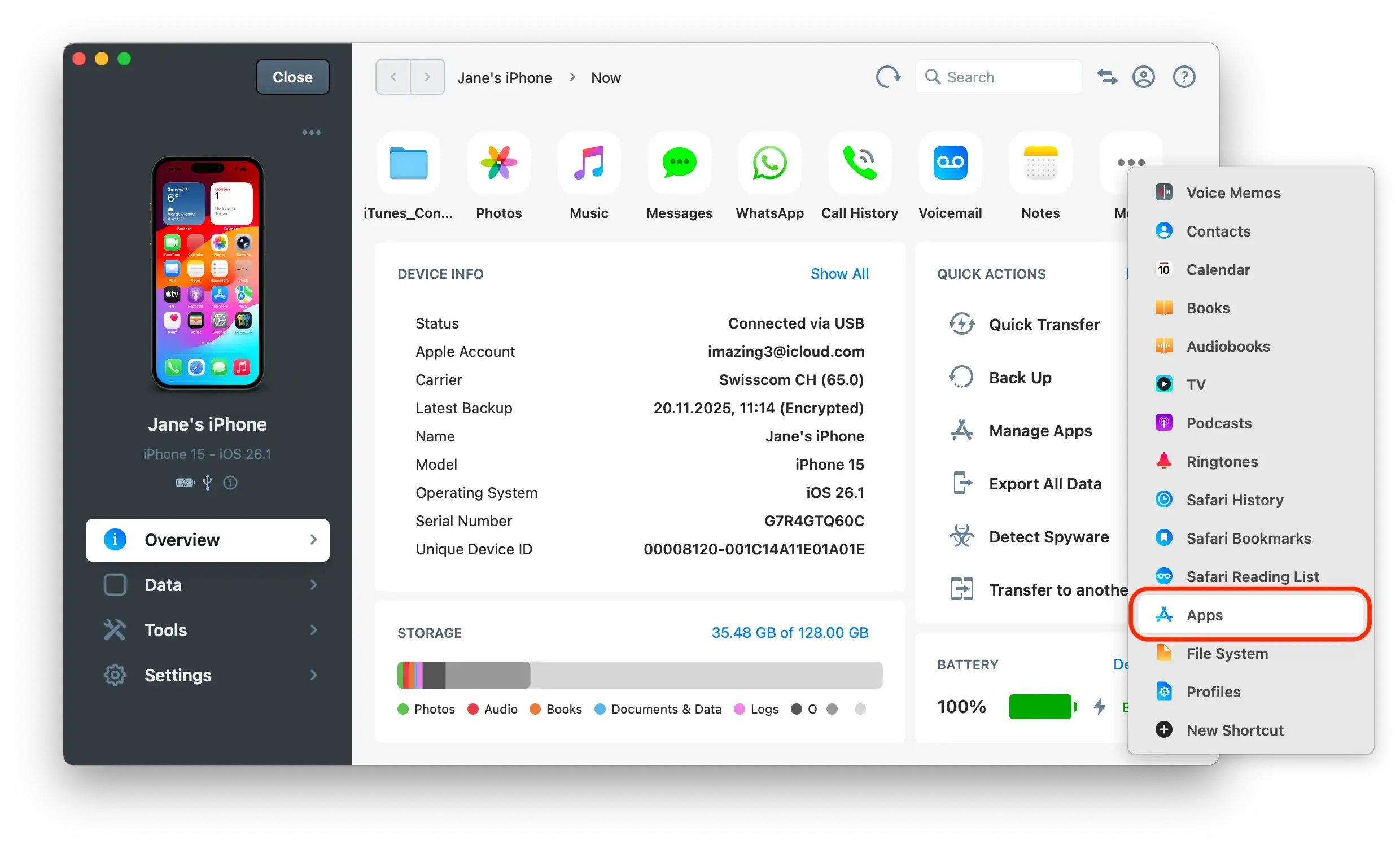 iMazing with apps selected in the sidebar 