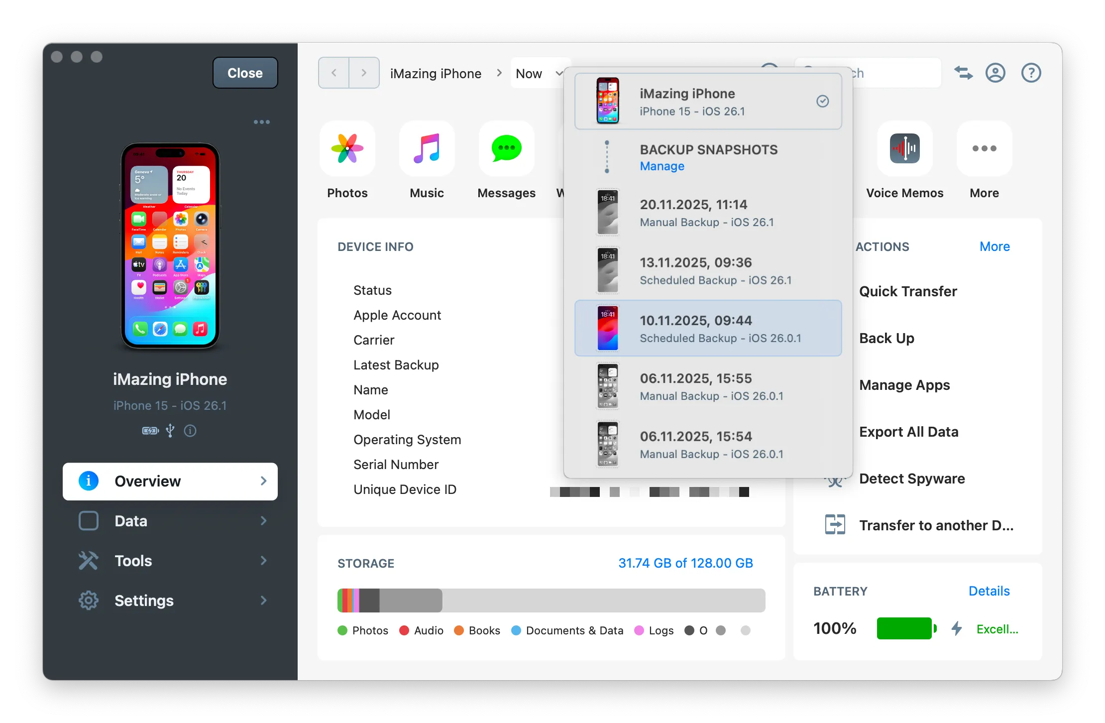 iMazing's backup list with backups selected