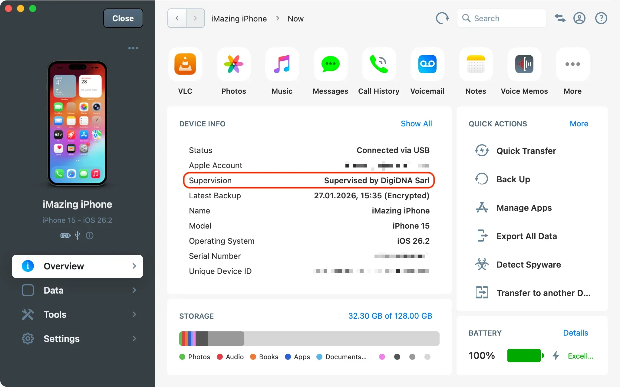 iMazing device overview with Supervision informations highlighted