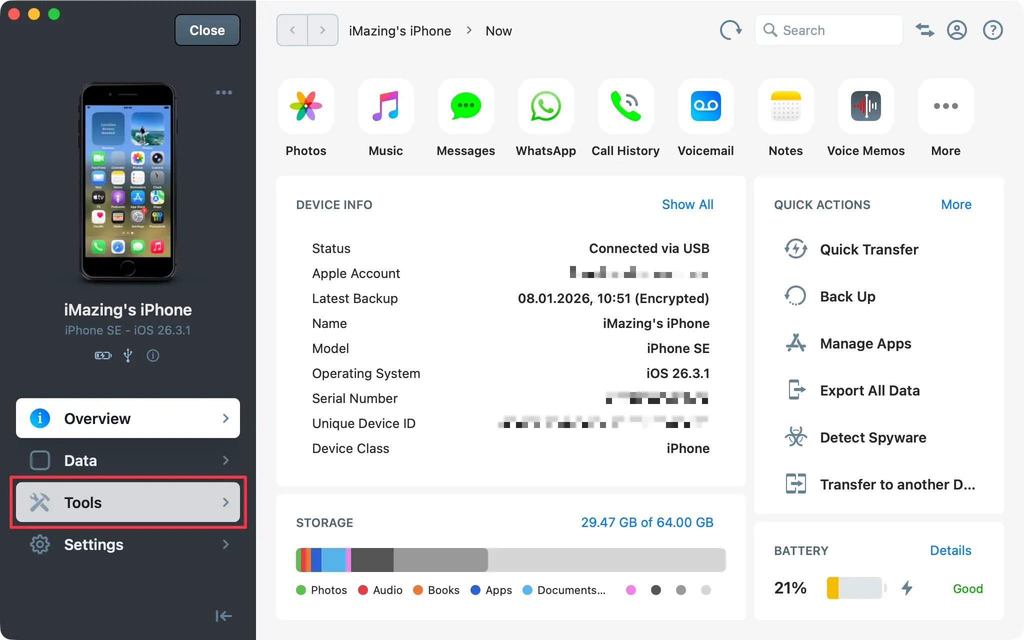 iMazind device Overview with Tools section highlighted