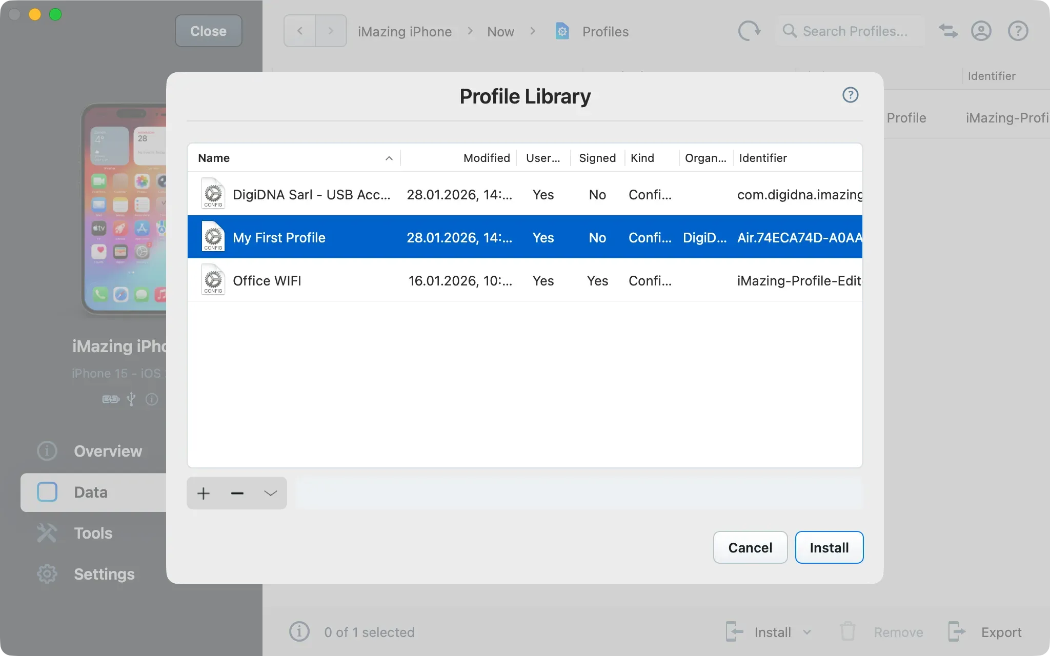Install a new Profile in iMazing