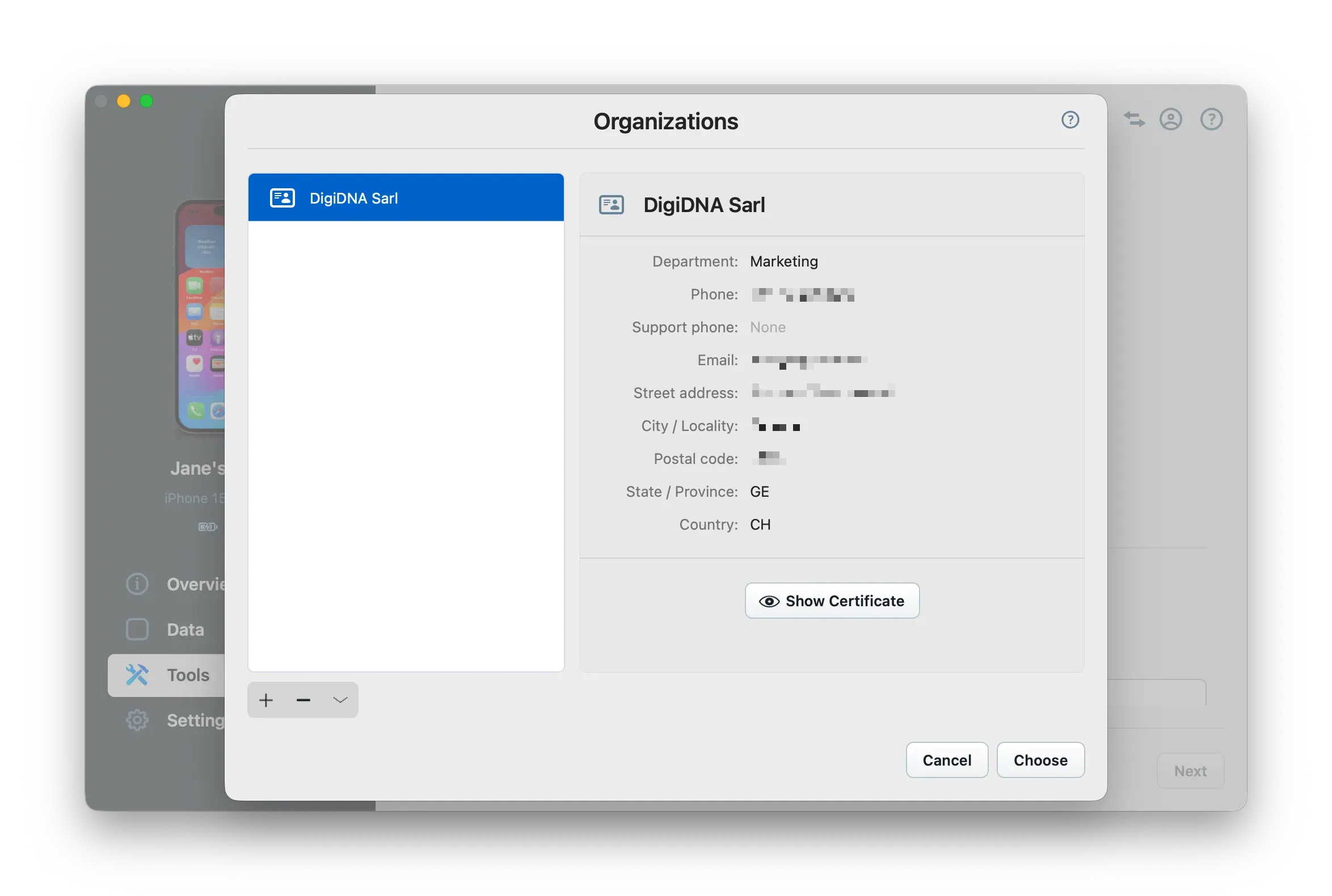 iMazing Supervision wizard showing Organization choices