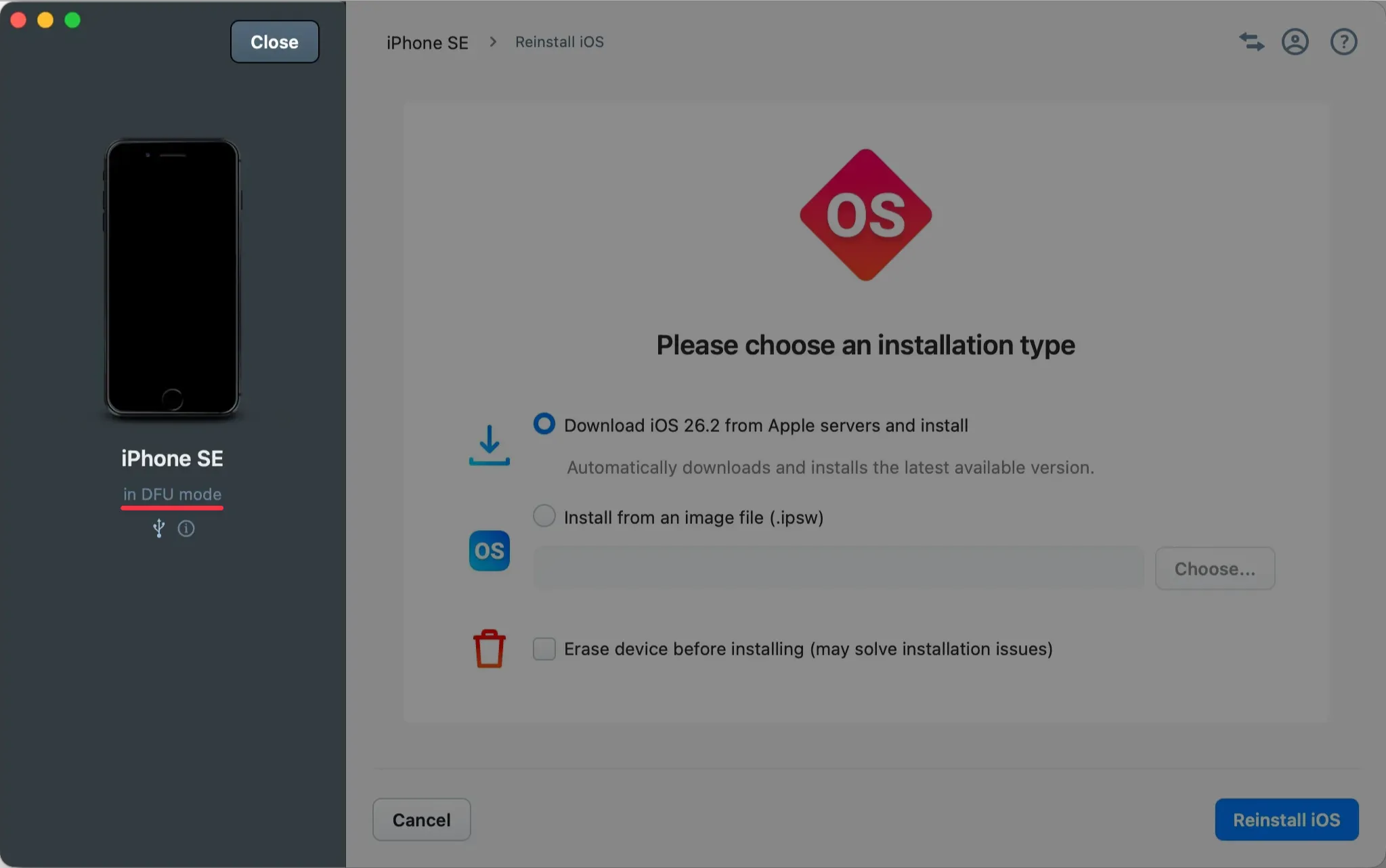 iMazing reinstalls screen with a device in DFU mode