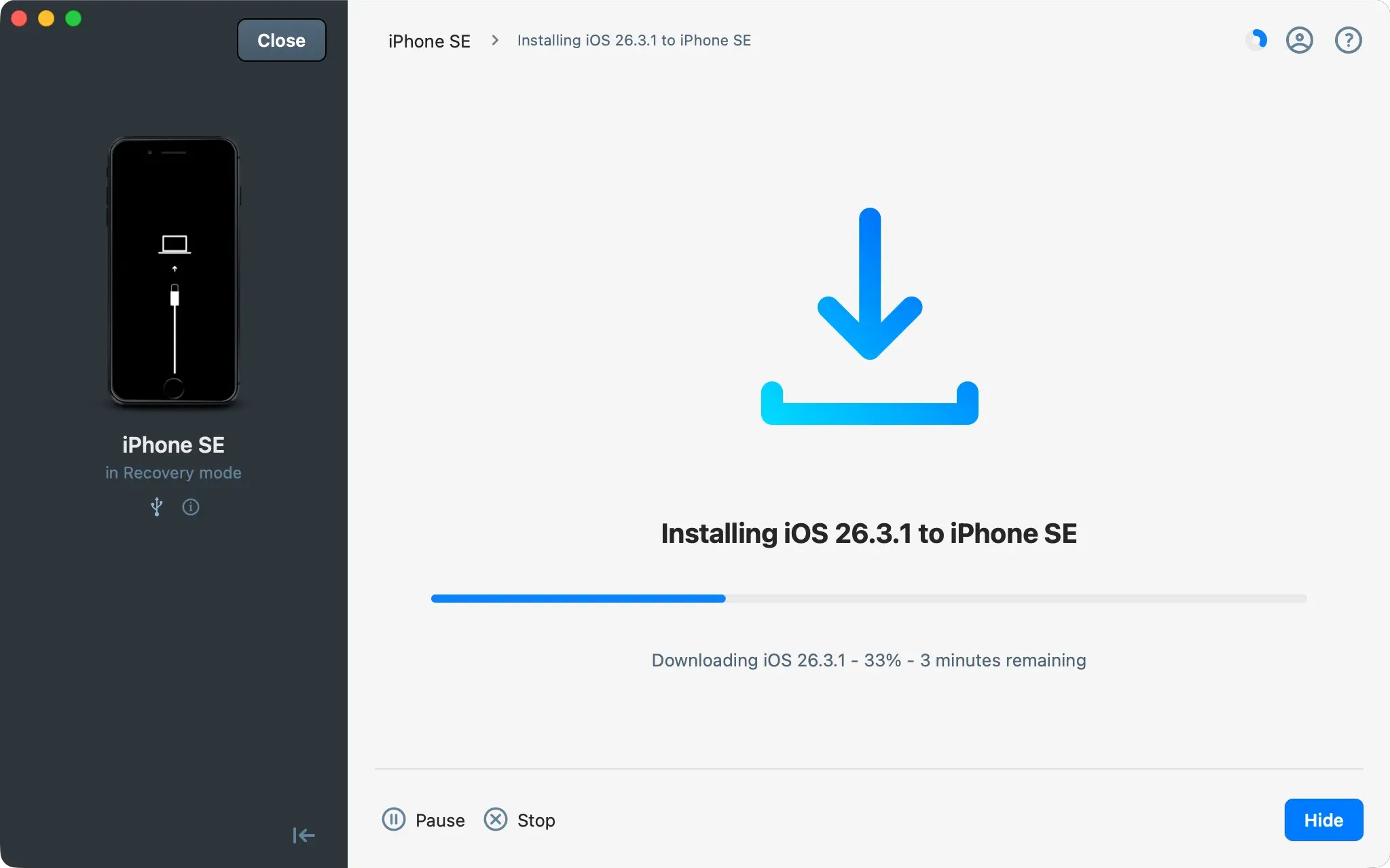 iMazing reinstall screen when iOS is downloading