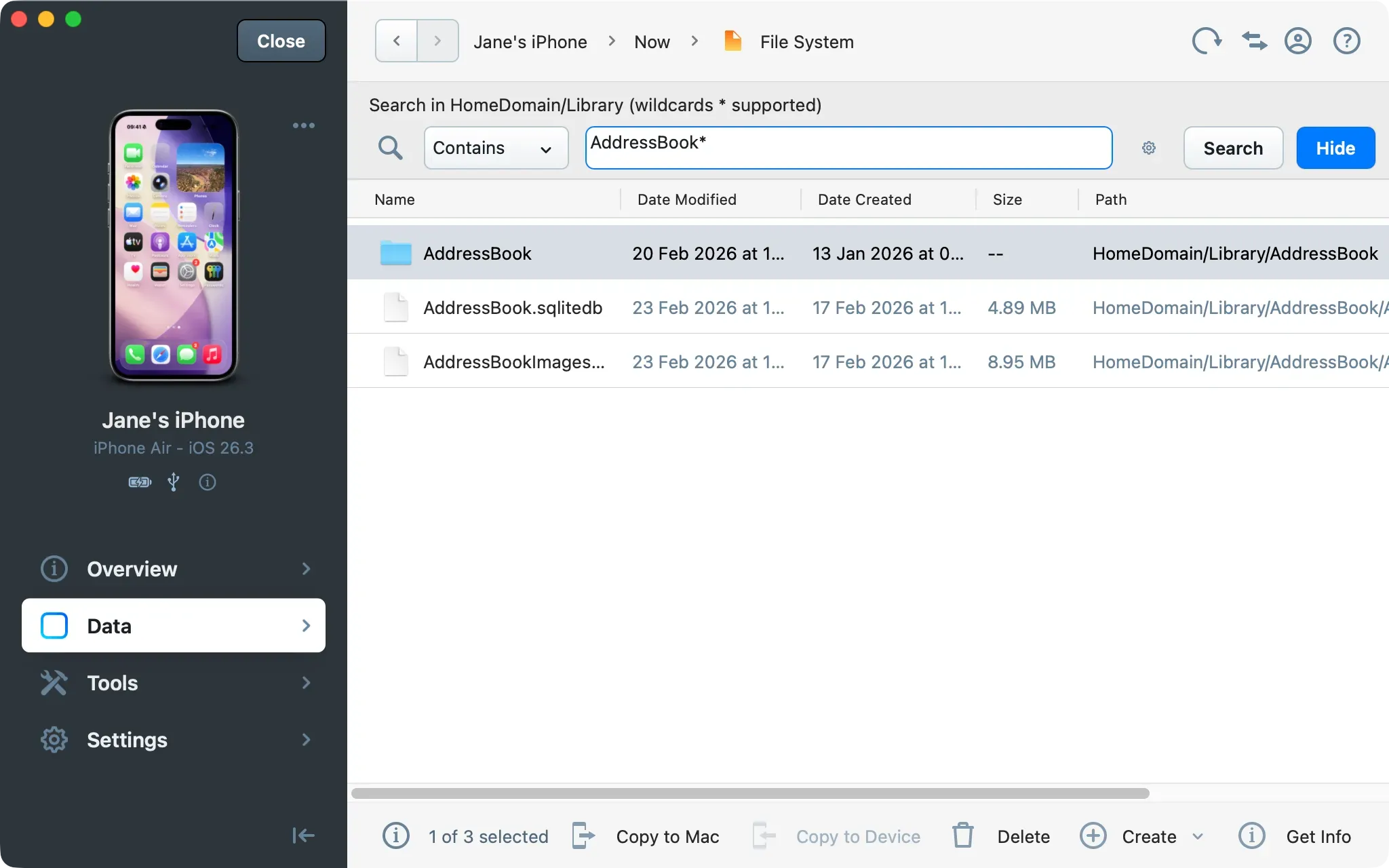iMazing new files and folders search tool.
