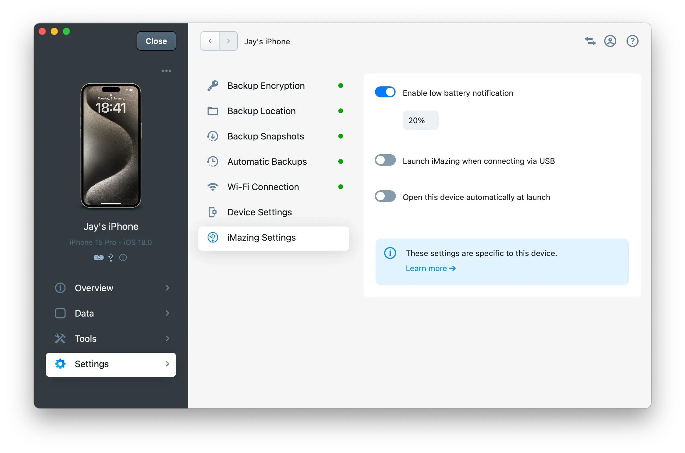 iMazing Device Settings - iMazing Settings Panel