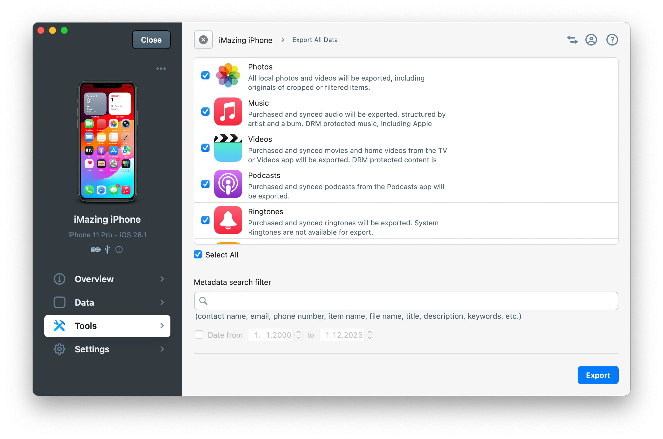 iMazing Export All Data wizard screenshot