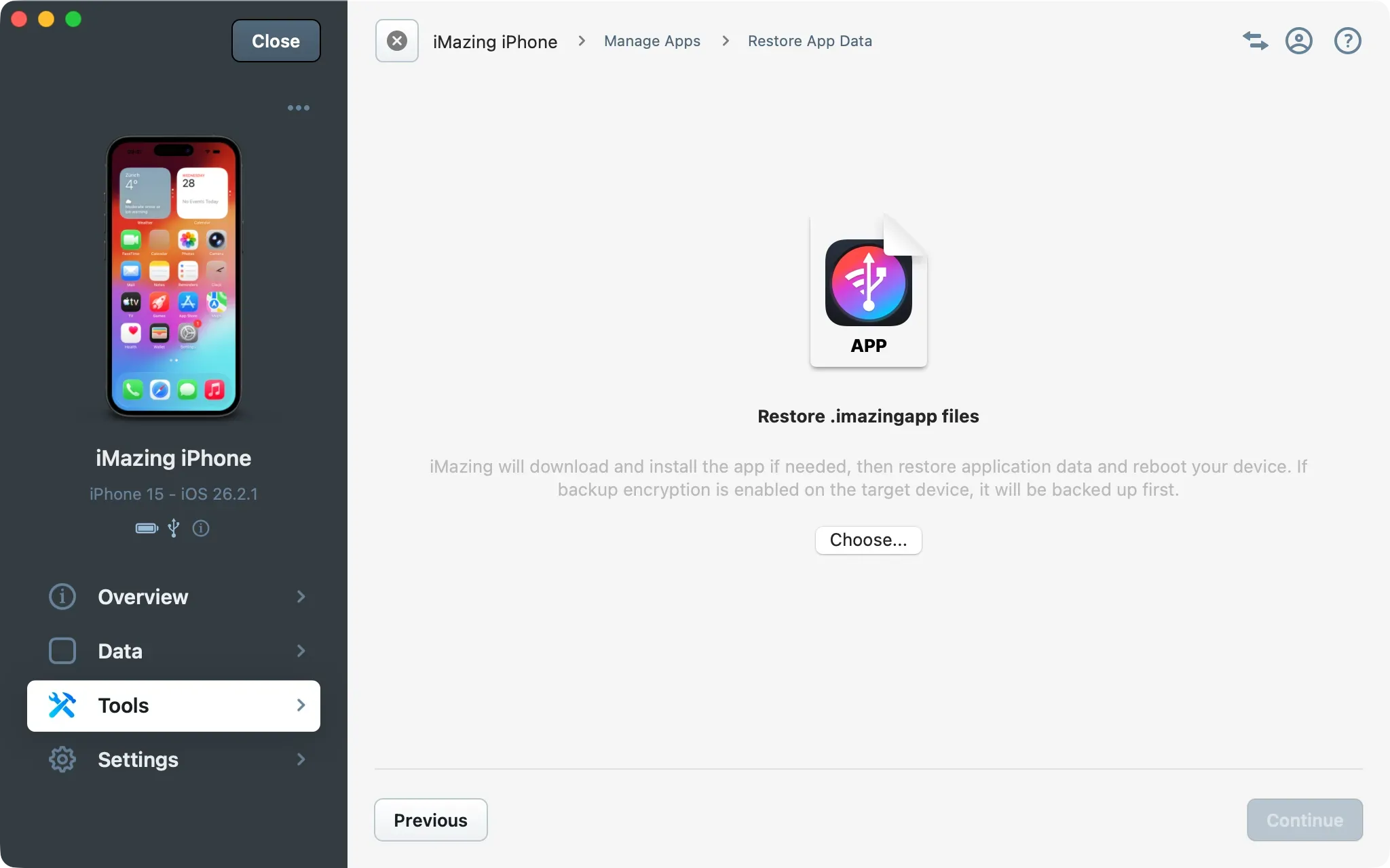 Restore App Data Screen