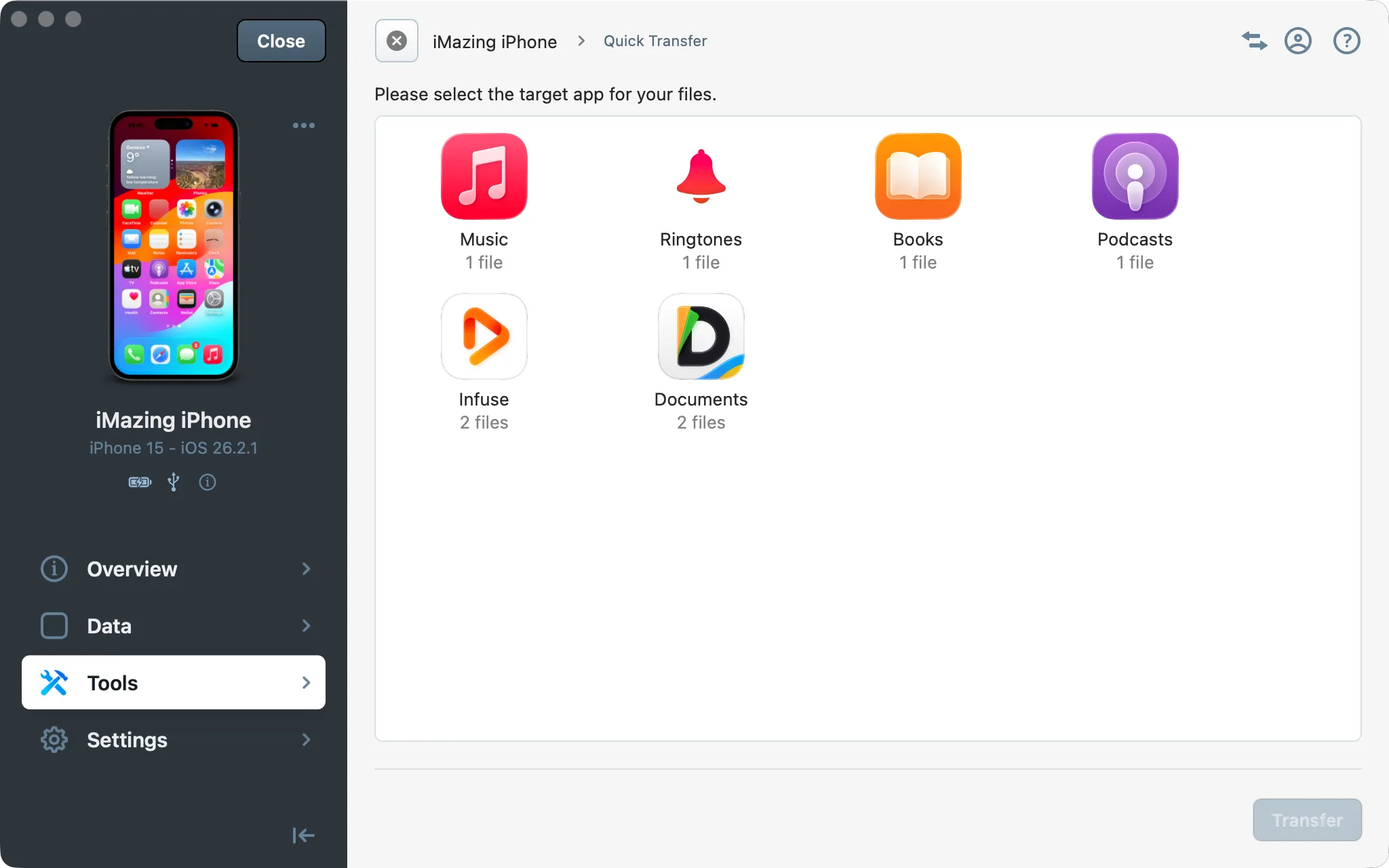 Quick Transfer wizard displaying compatible apps