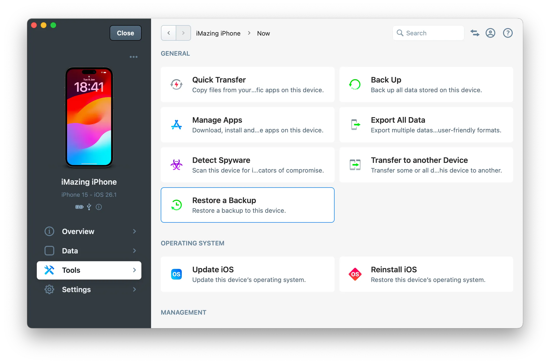 iMazing's Tools screen
