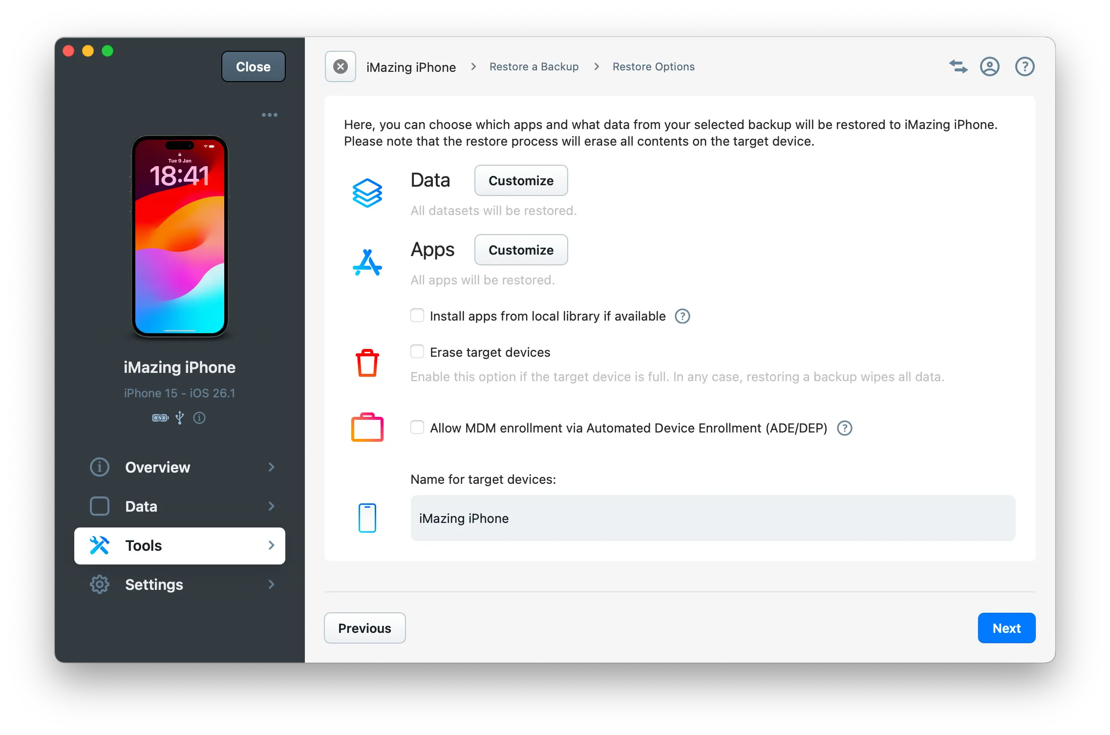 Transfer Options Wizard Screen