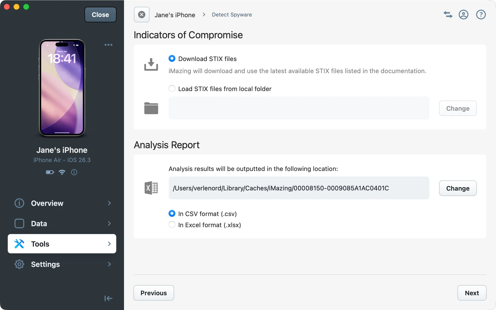 iMazing Spyware wizard - Stix files and Analysis report file format choice