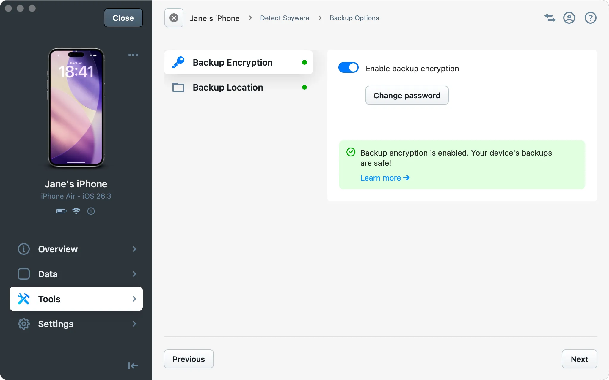 iMazing Spyware wizard - backup option screen