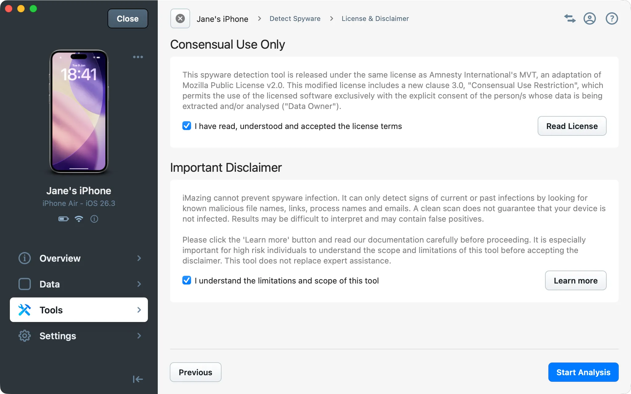 iMazing Spyware wizard - License and Disclaimer