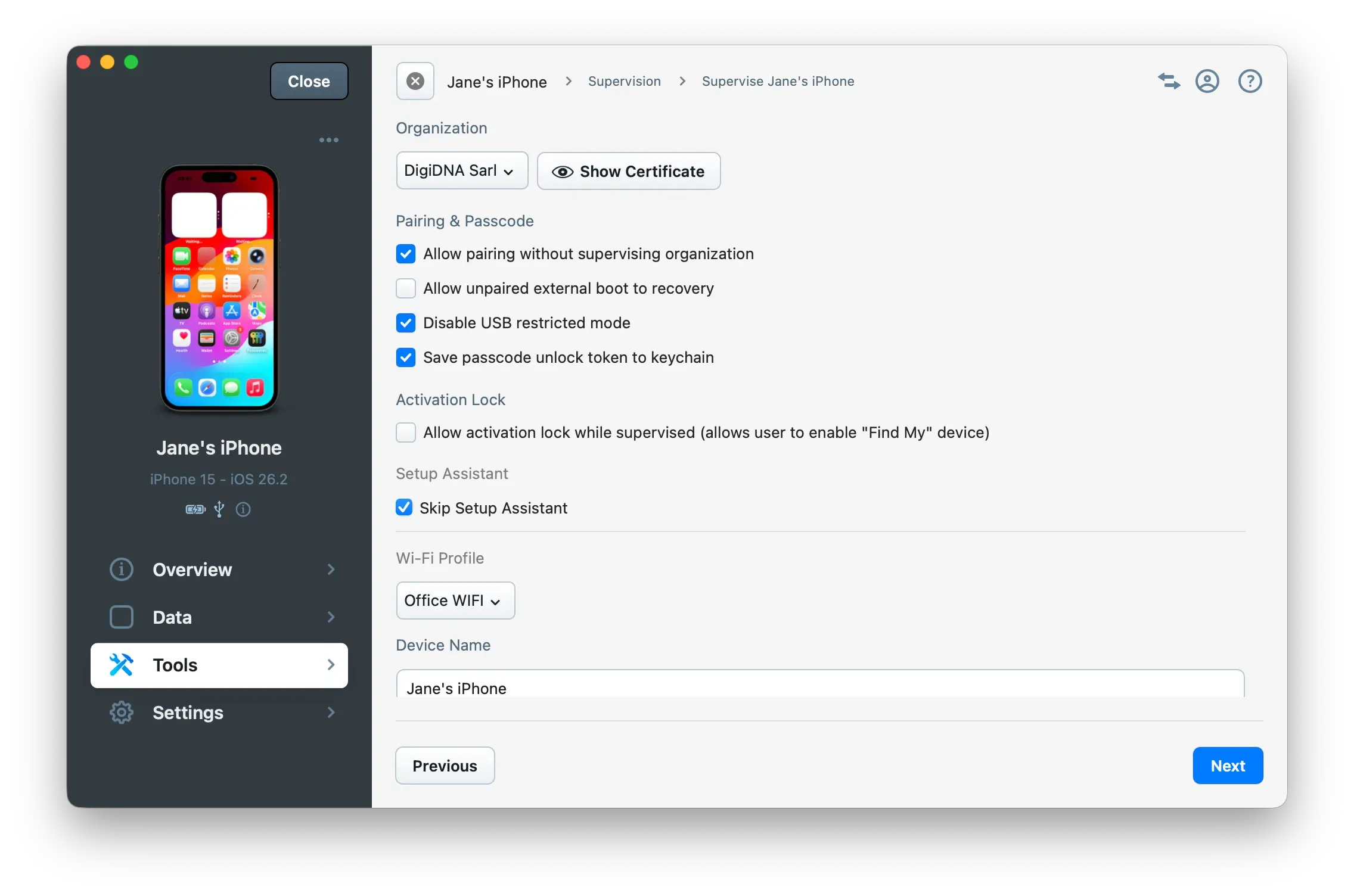 iMazing Supervision options