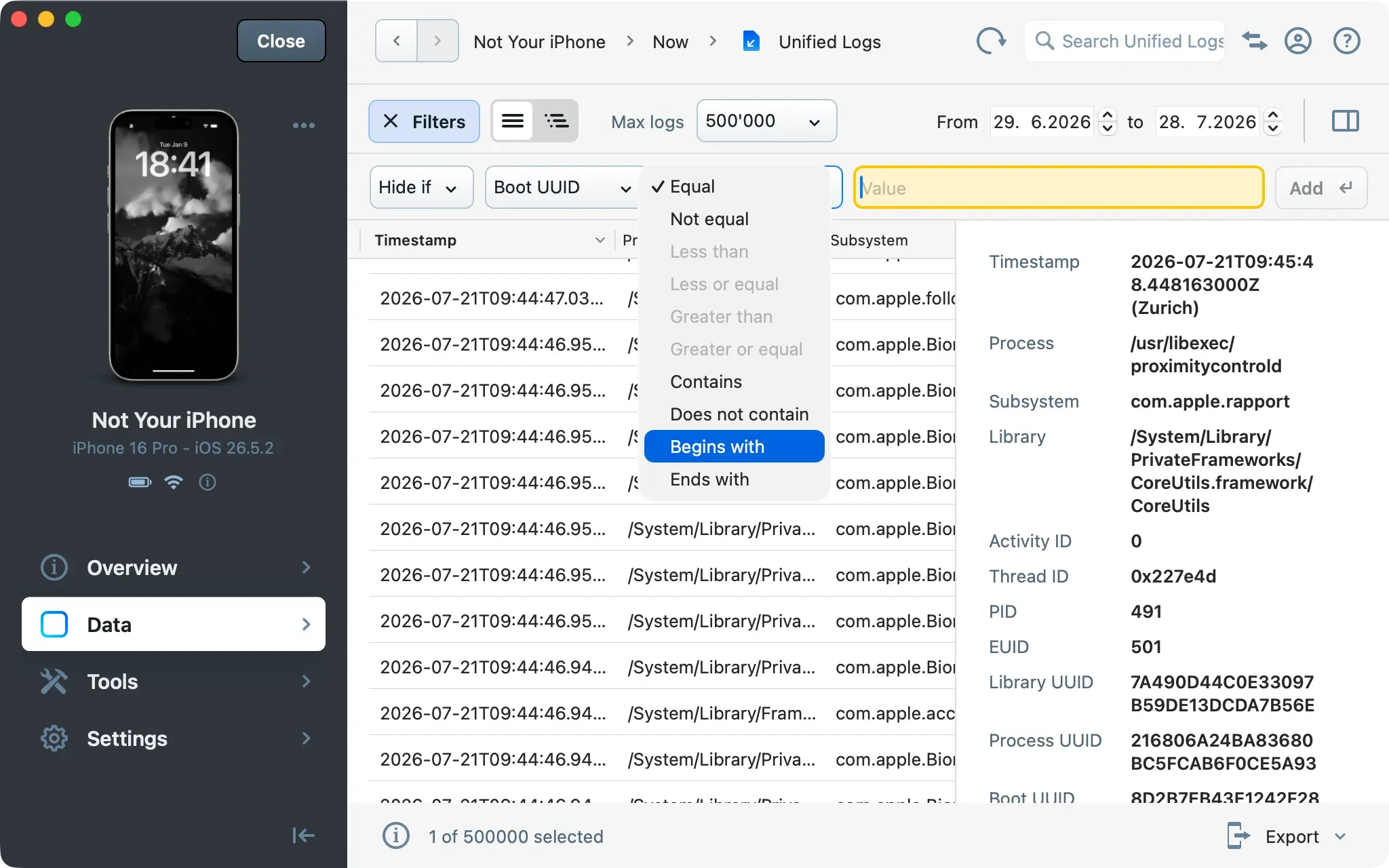A view if the new Unified Logs in iMazing 3.6