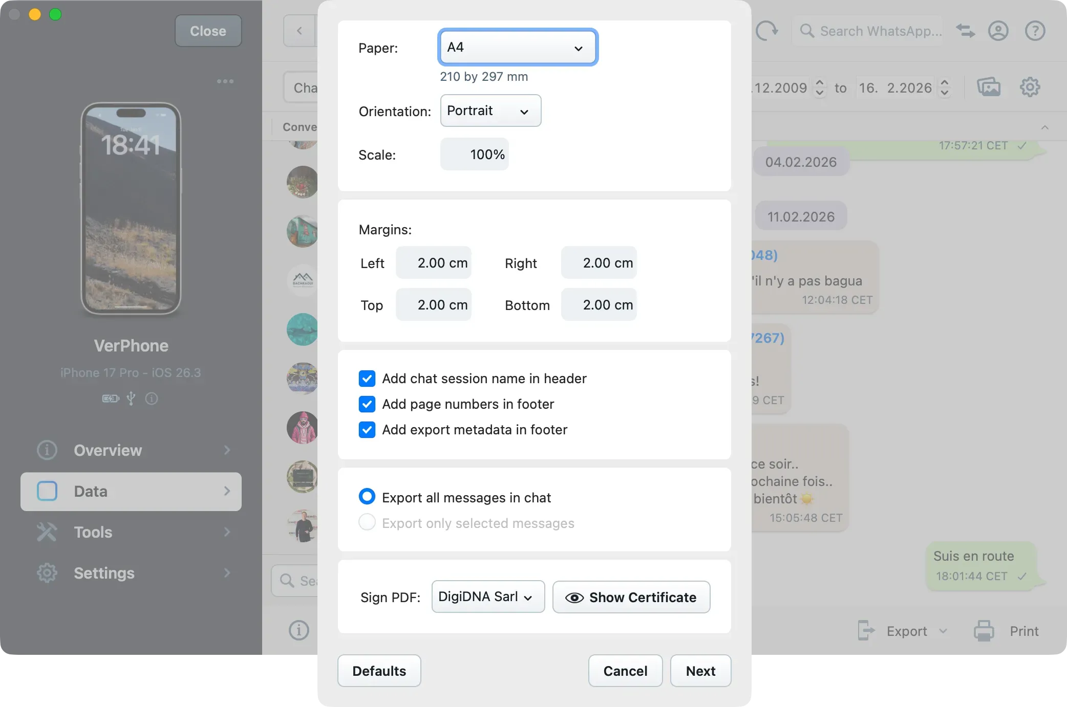 Whatsapp export in PDF options with signed document