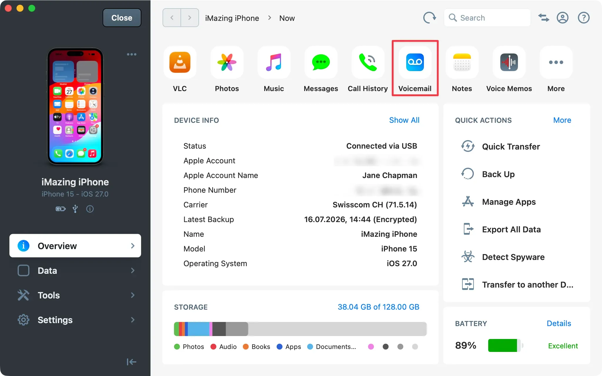 iMazing device overview for an iPhone 15 with Voicemail highlighted, showing device info and quick actions