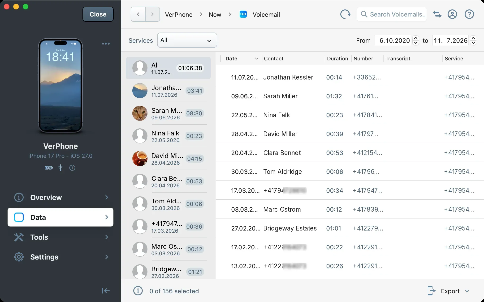 iMazing Voicemail section displaying a list of 156 voicemails with date, contact, duration, and number