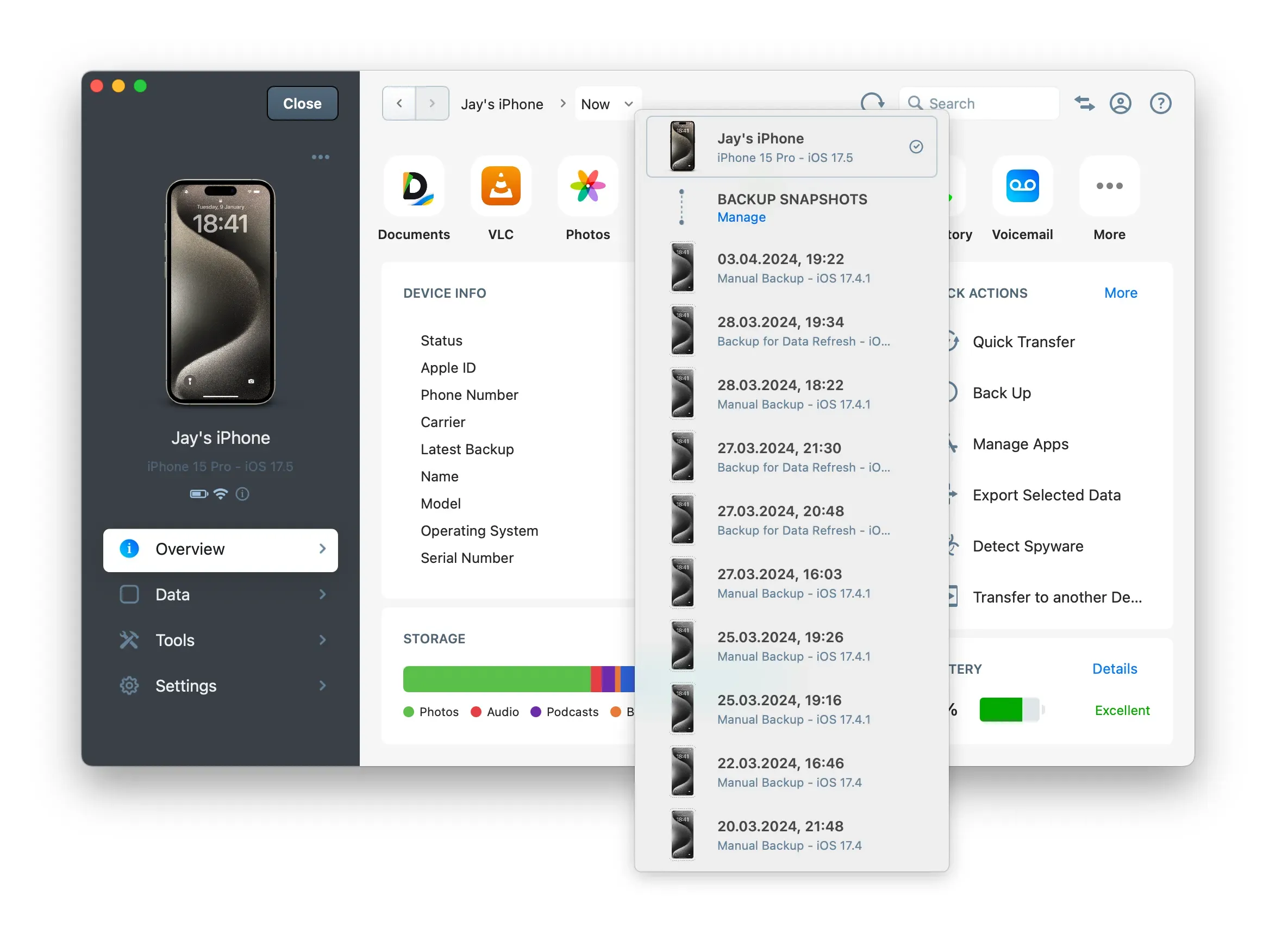 iMazing 3 Device Settings - Backup Snapshots Dropdown Menu