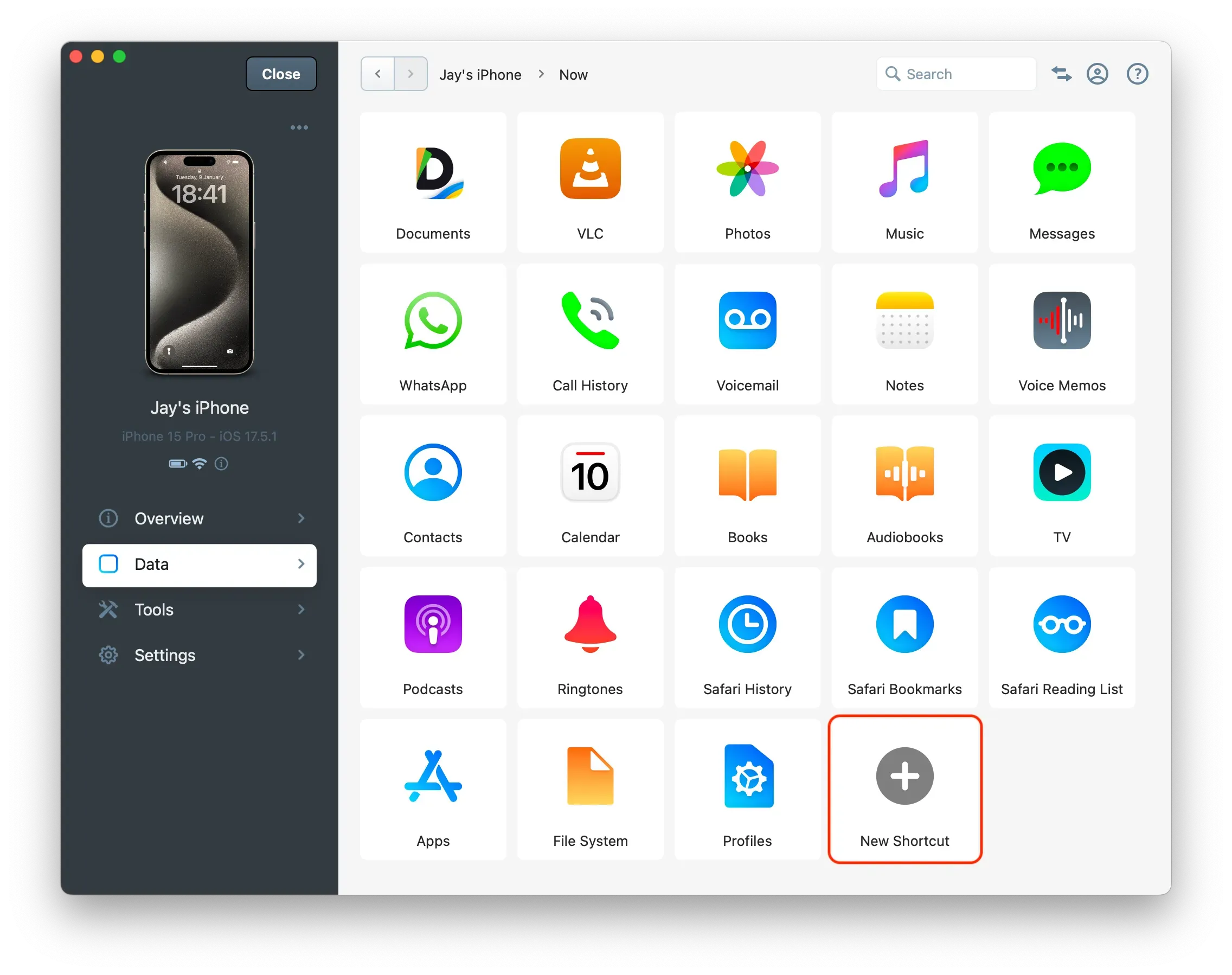 iMazing Device Data Section - New Shortcut