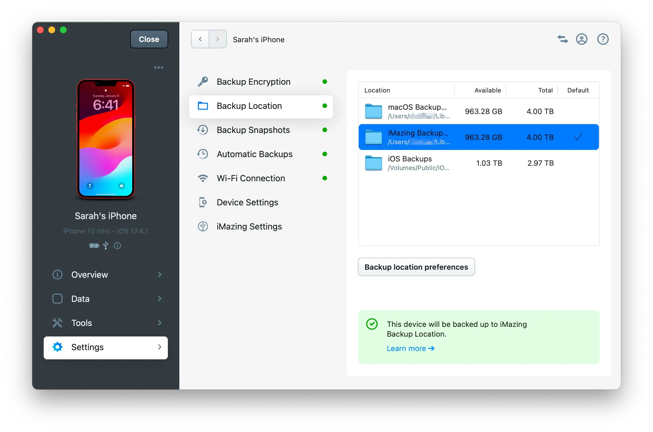 iMazing 3 Device Settings - Backup Location