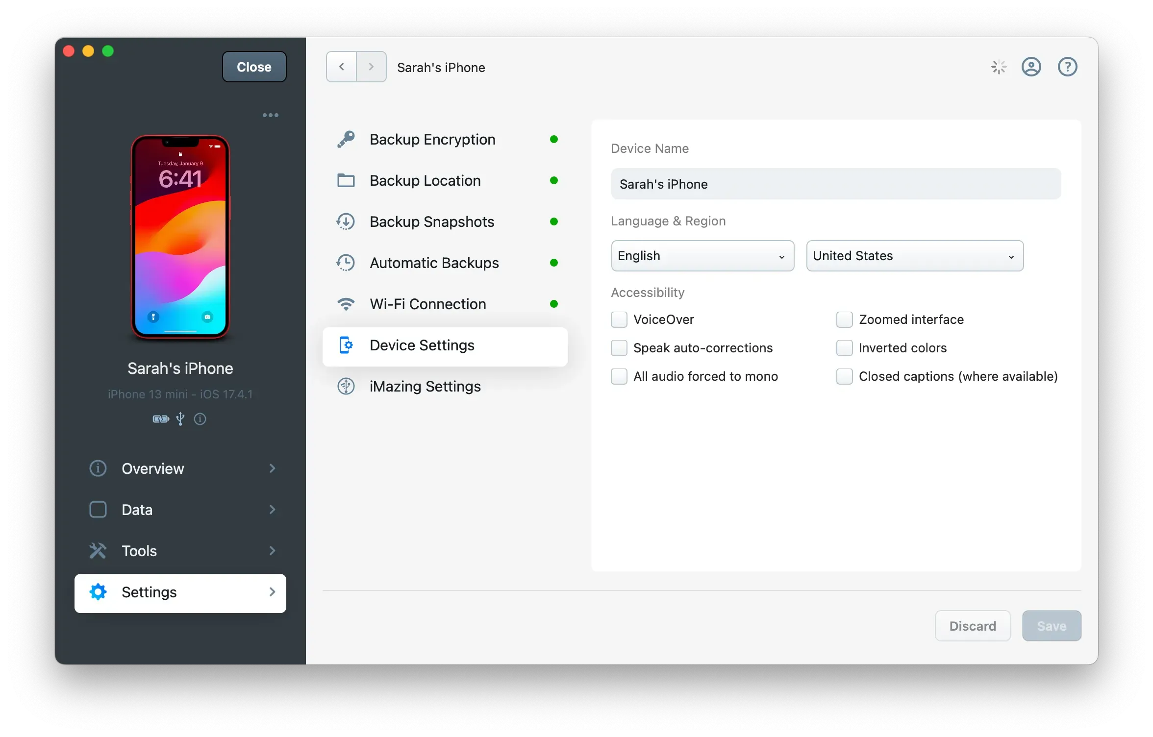 iMazing 3 Device Settings - Manage Device Settings