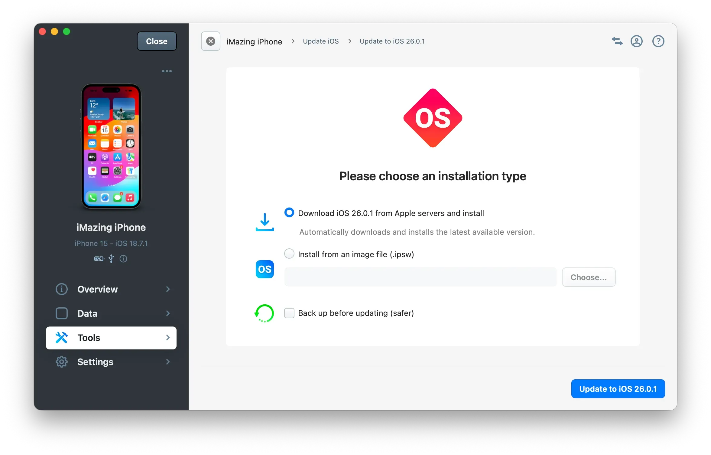 iMazing Update iOS Choose IPSW Screen