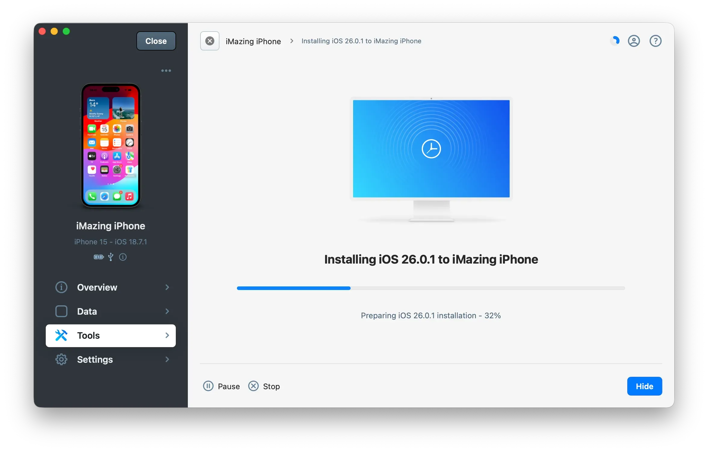 iMazing installing iOs update on your device