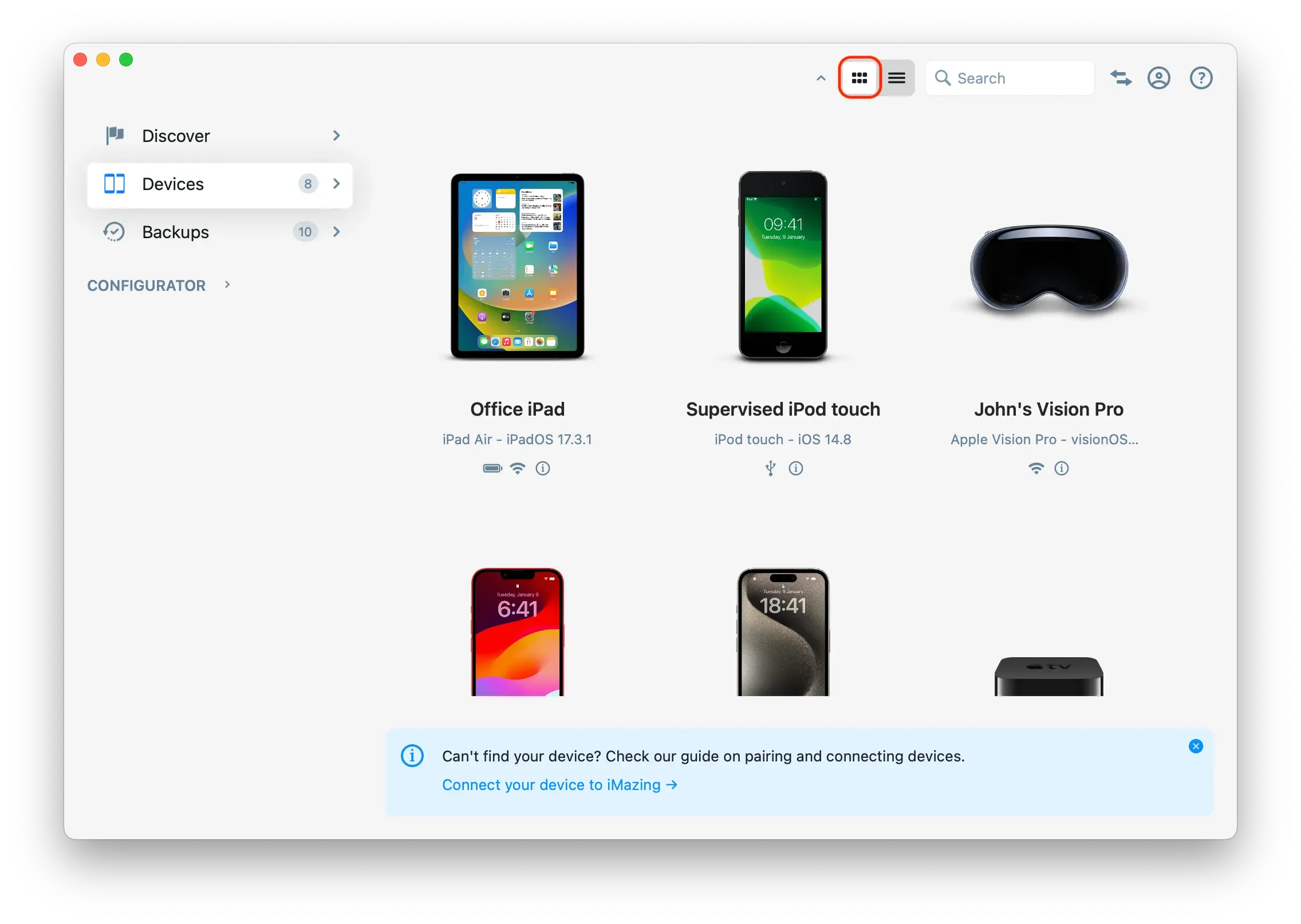 iMazing 3 Home Screen - Devices Grid View