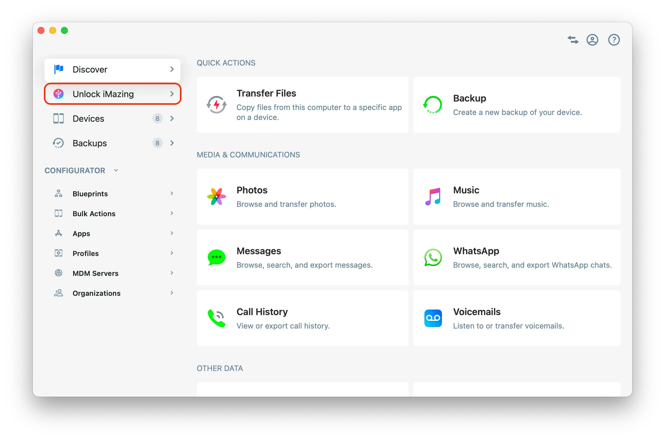 iMazing 3 Home Screen - Unlock Menu Item