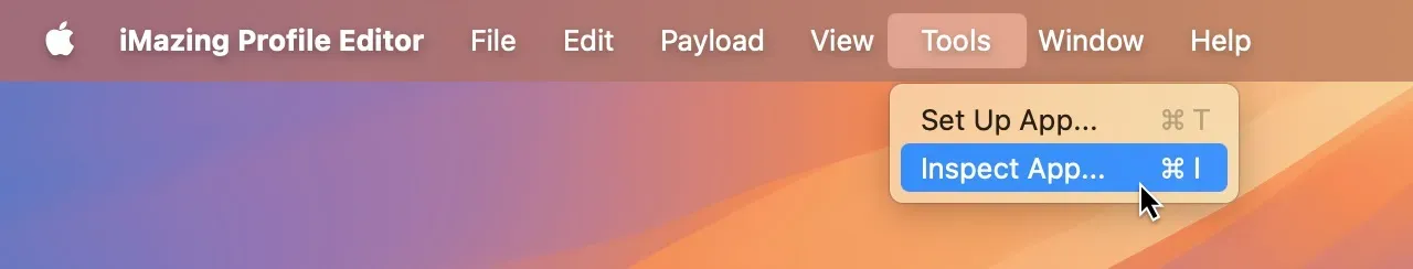 The iMazing Profile Editor menu bar showing the 'Inspect App…' option