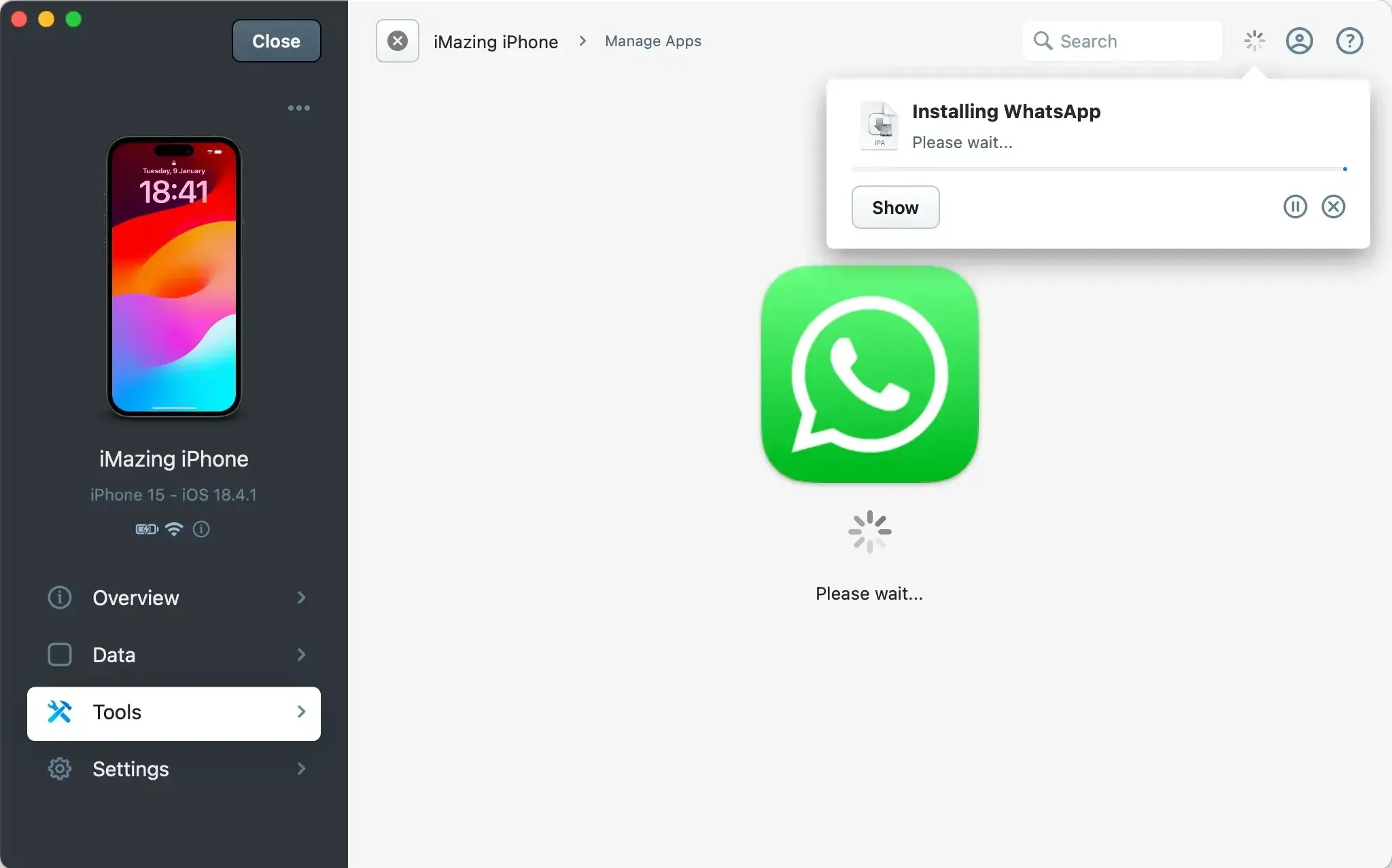 iMazing Manage Apps Install Progress