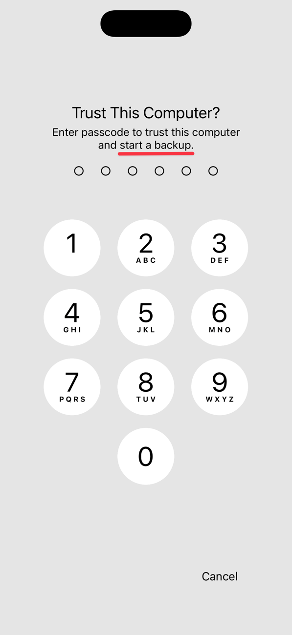 iOS prompt for passcode in order to start a backup