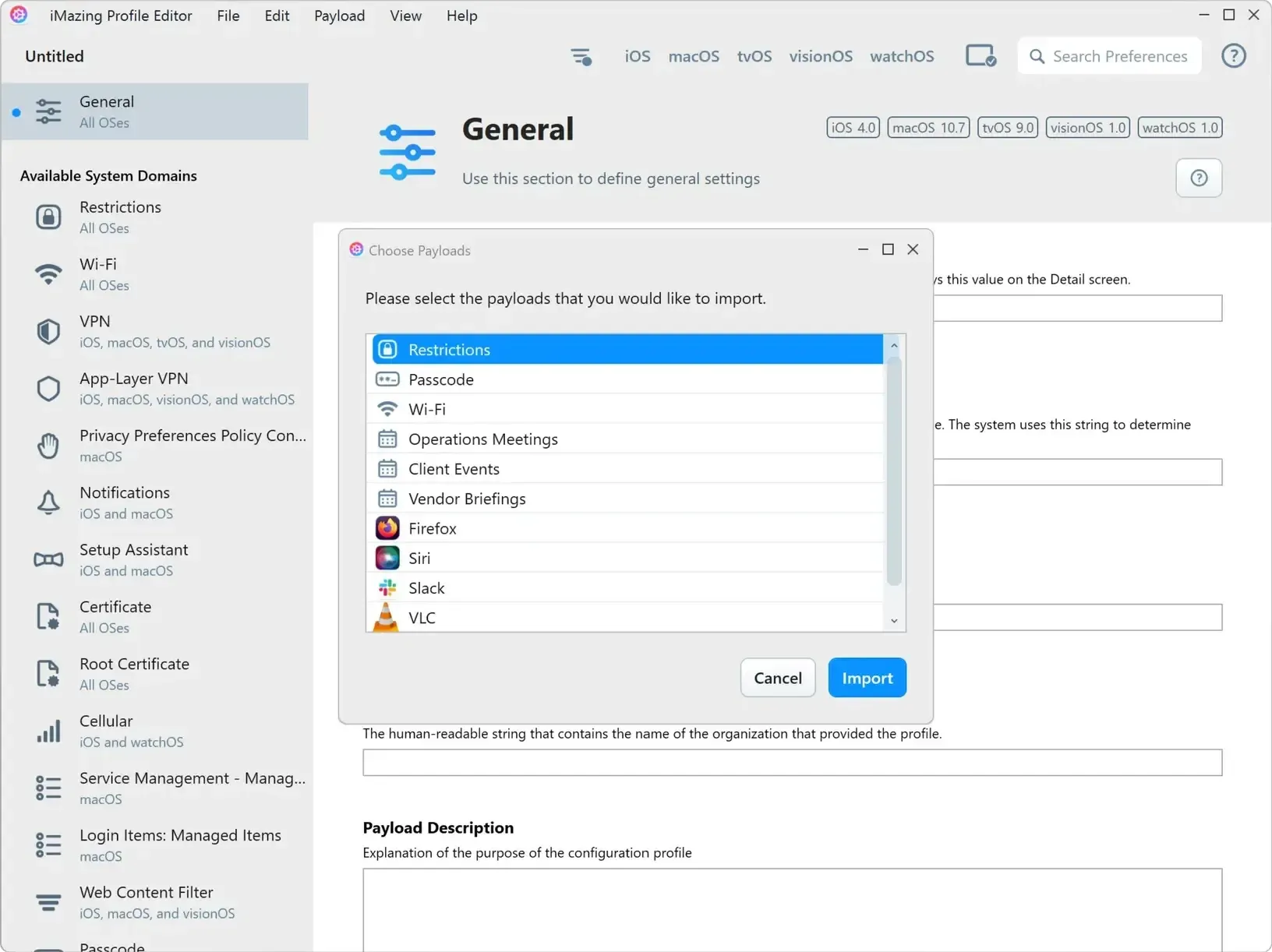 The refreshed iMazing Profile Editor 2 interface on Windows, showing the new payload import dialog box. 