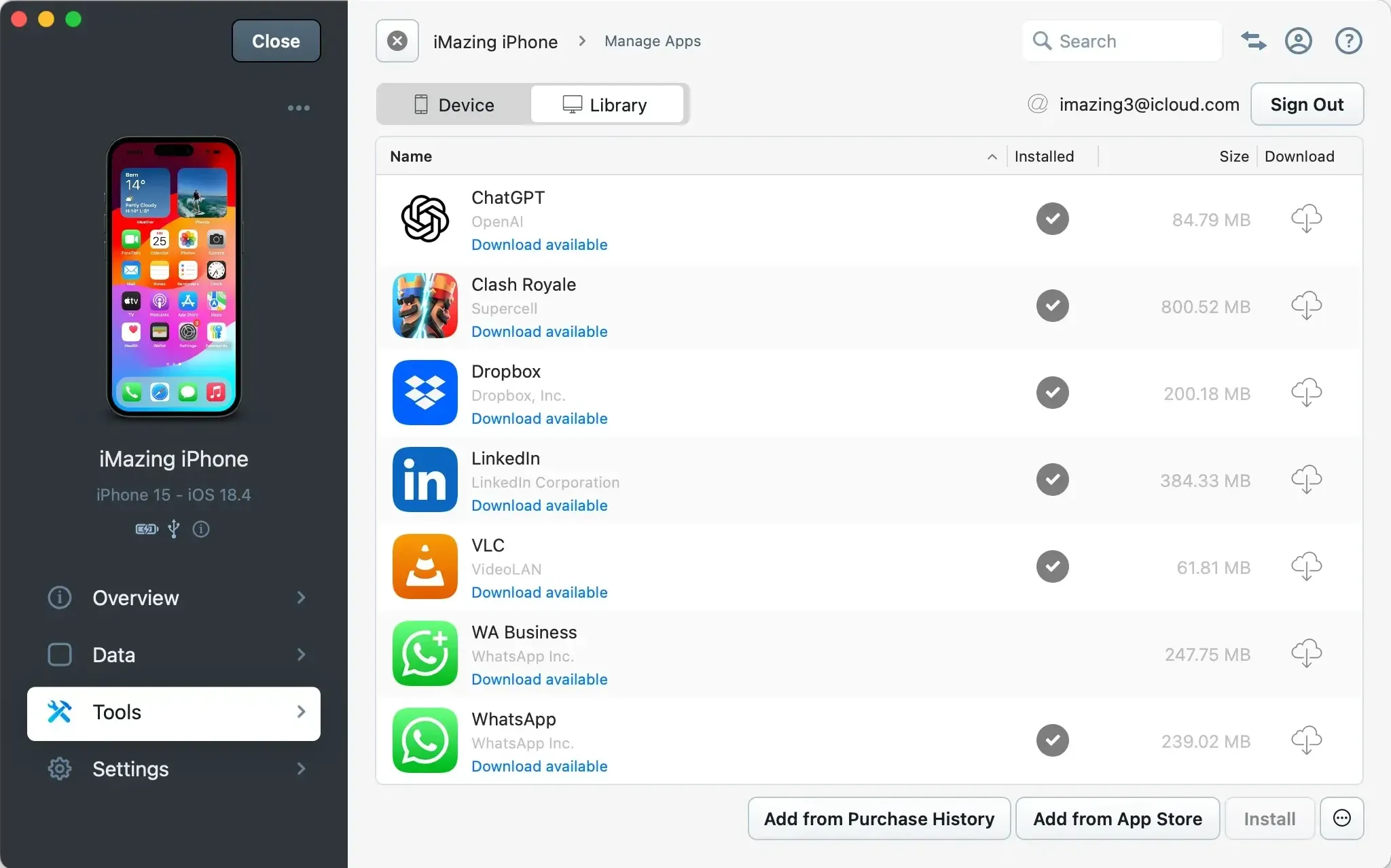 iMazing Manage Apps Library View