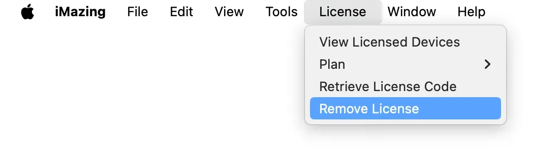 iMazing License Menu - Remove License