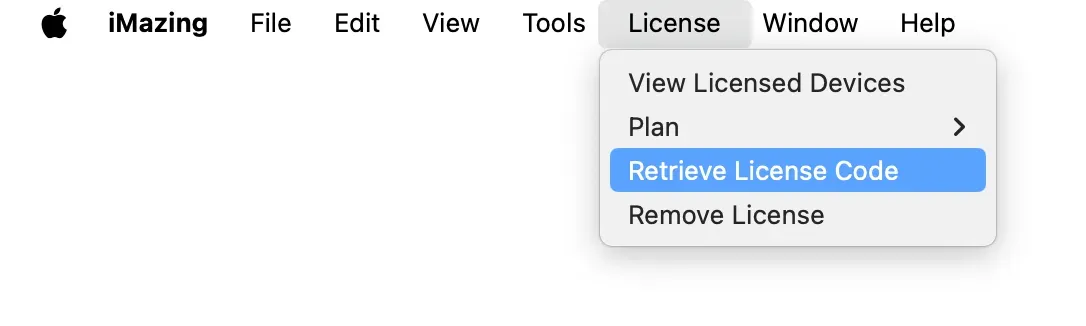iMazing License Menu - Retrieve License Code