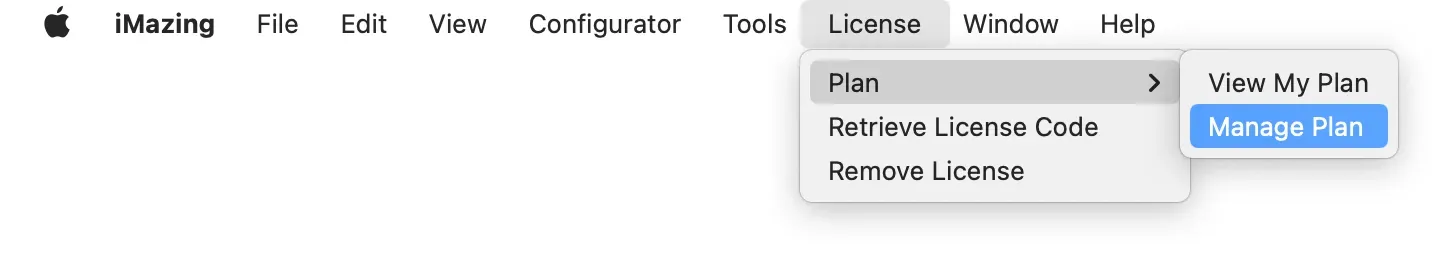 iMazing License Menu - Manage Plan